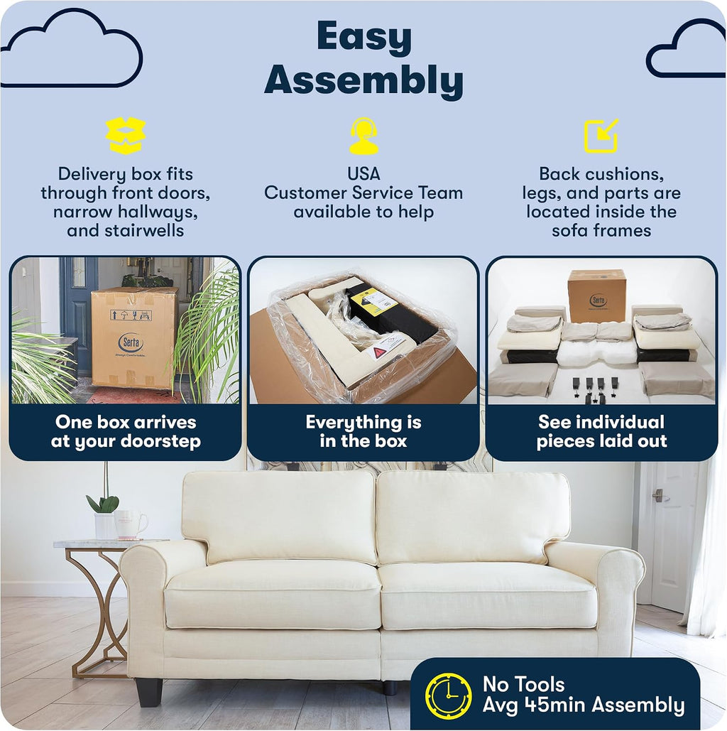 Serta Copenhagen 78' Rolled Arm Sofa, Easy Care Polyester, Soft Pillow Back, Pocket Coil Seat Cushions, Removable Covers, Loveseat or Couch for Small Spaces, Living Rooms or Bedrooms, Brown