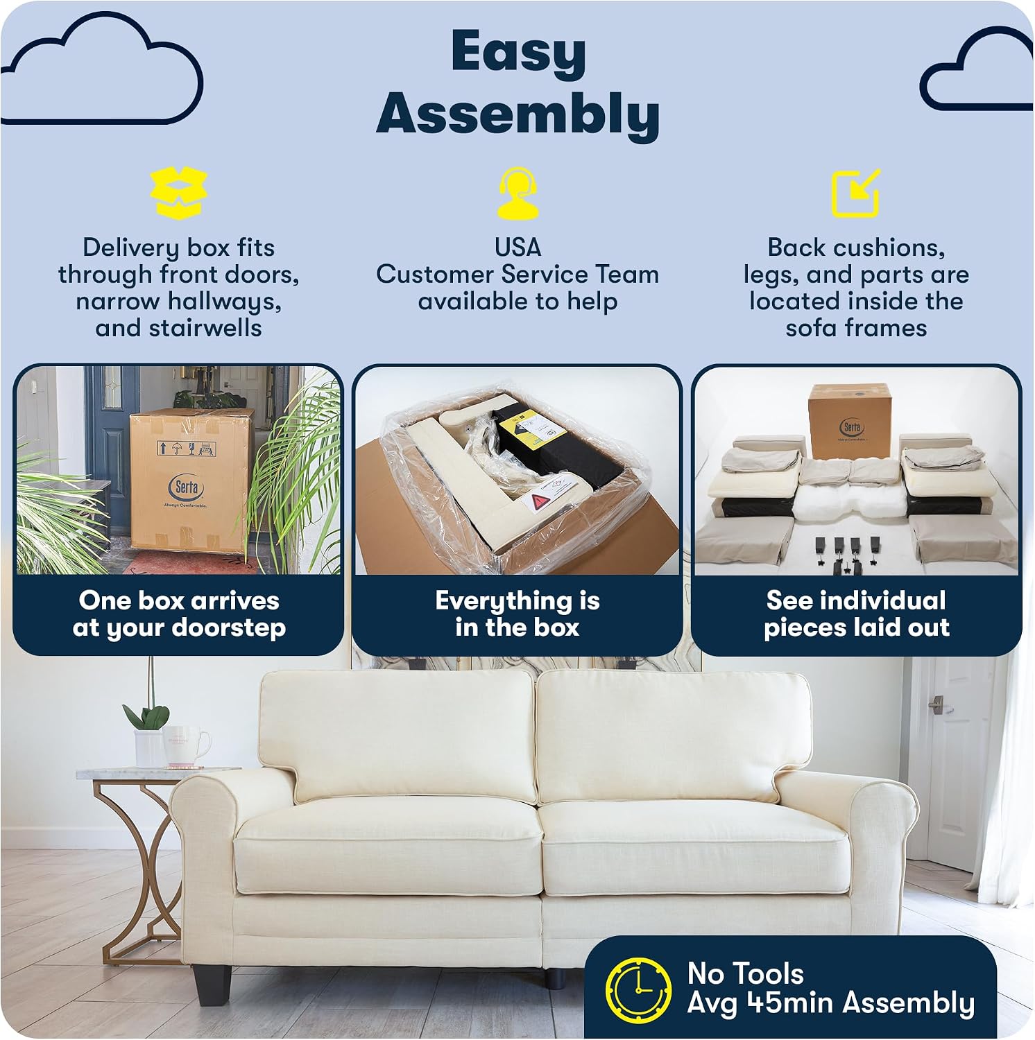 Serta Copenhagen 78' Rolled Arm Sofa, Easy Care Polyester, Soft Pillow Back, Pocket Coil Seat Cushions, Removable Covers, Loveseat or Couch for Small Spaces, Living Rooms or Bedrooms, Brown