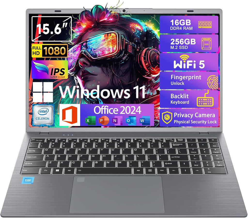 Windows11 Intel Laptop 15.6'HD Display（Celeron N5095） 16GB RAM 256GB SSD Storage，with Fingerprint Unlock | Privacy Camera | Backlit Keyboard，Suitable for Student and Business