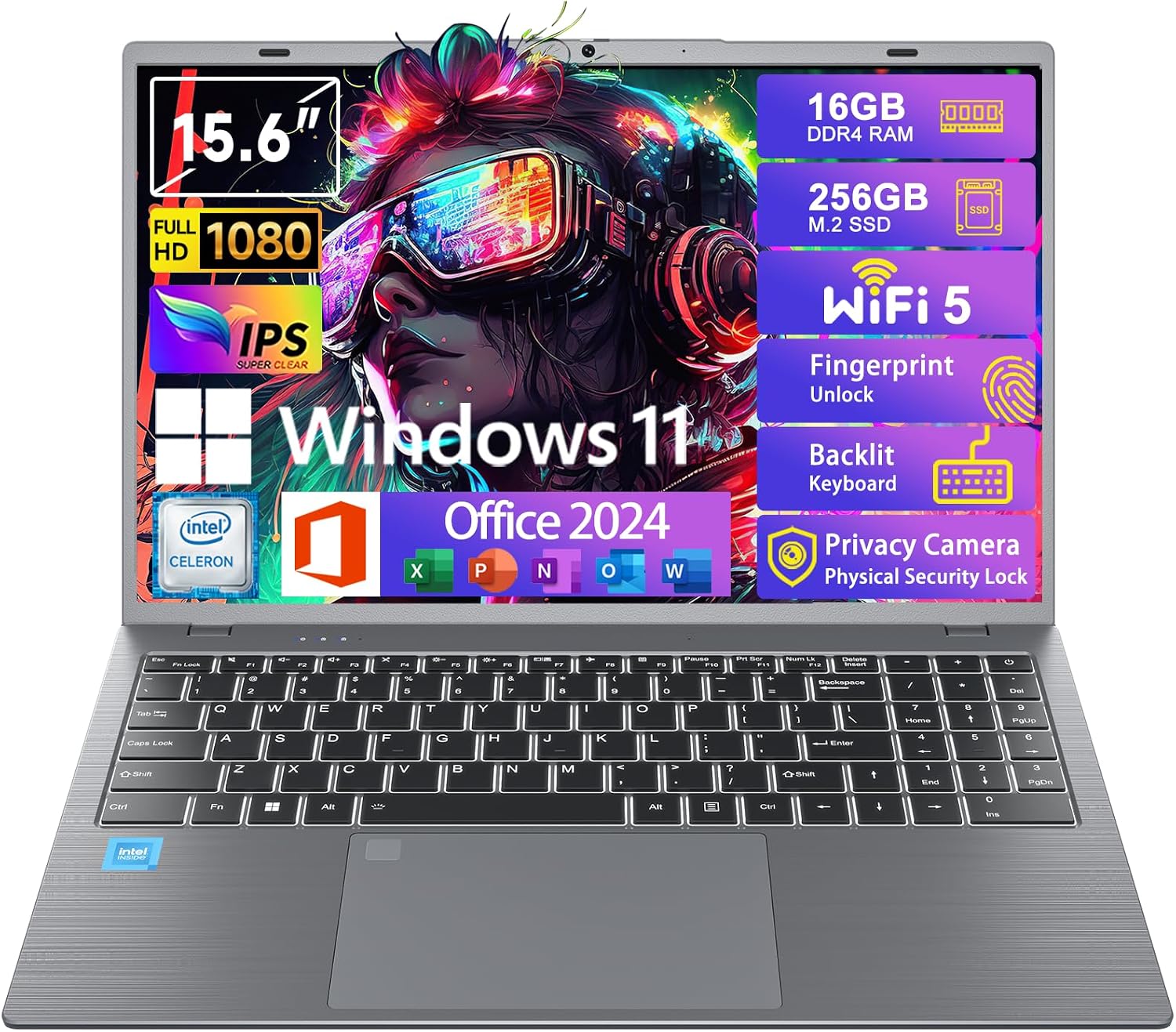 Windows11 Intel Laptop 15.6'HD Display（Celeron N5095） 16GB RAM 256GB SSD Storage，with Fingerprint Unlock | Privacy Camera | Backlit Keyboard，Suitable for Student and Business