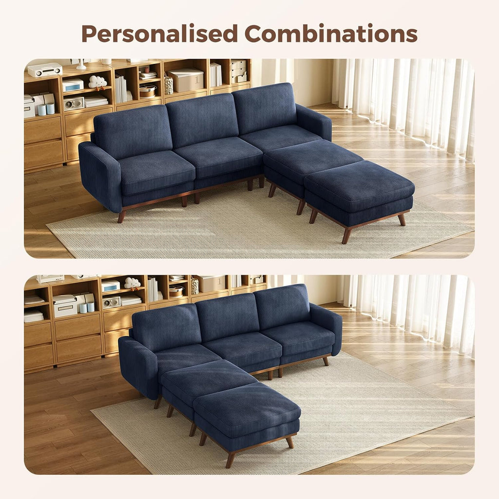 Vesgantti 97' Modular Sectional Sofa Dark Blue, U-Shaped Couch with Movable Ottoman, Comfy Corduroy Couch with Spring Cushion, Modular Sofa with Deep Seat for Living Room, Bedroom and Apartment