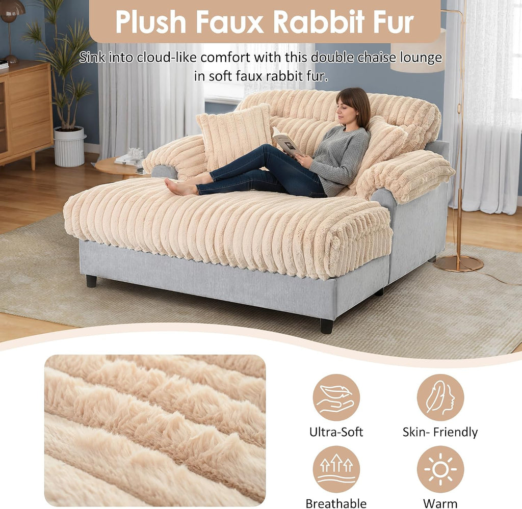 Merax 65' Oversized Chaise Lounge Chair with 2 Throw Pillows, Cloud Chaise Sofa Cozy Plush Boneless Sofa Bed for Living Room, Ergonomic Backrest & Curved Armrest (Champagne)