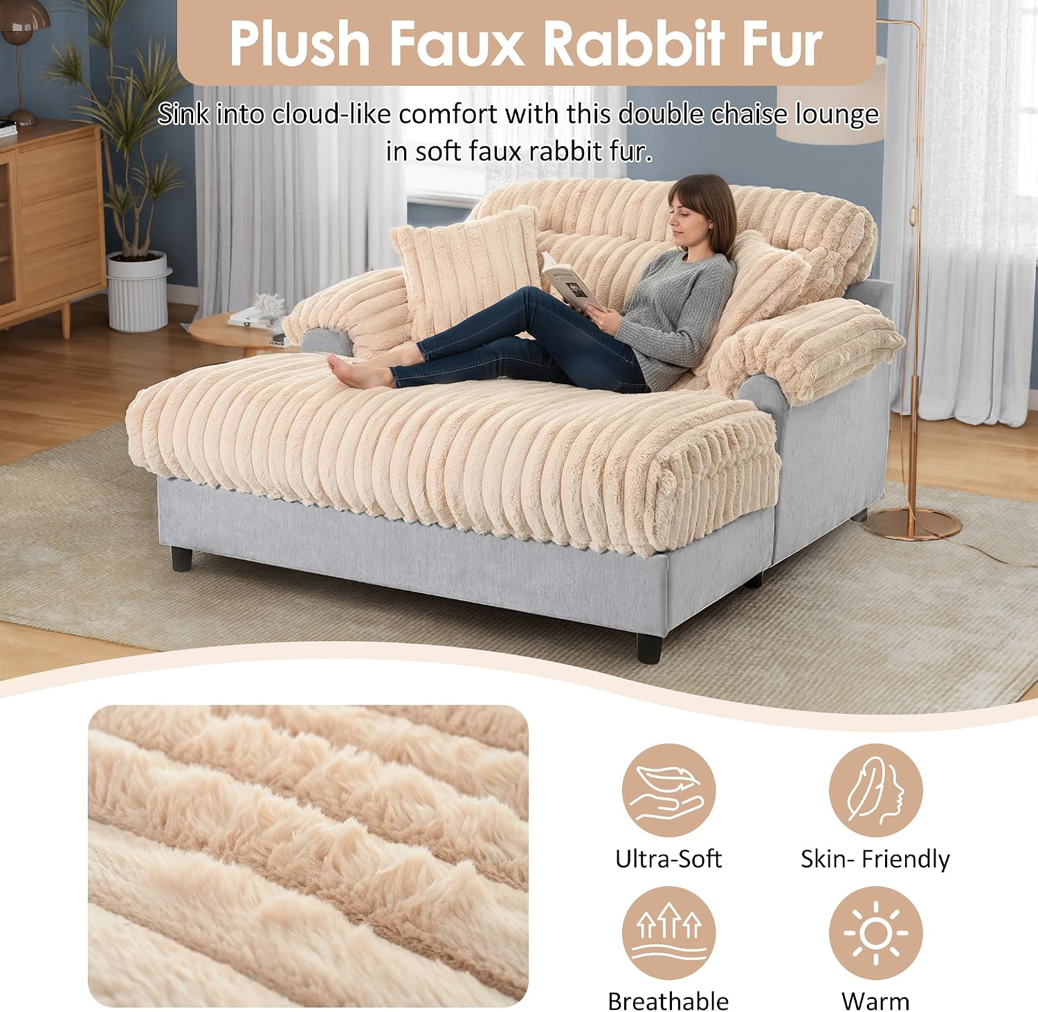 Merax 65' Oversized Chaise Lounge Chair with 2 Throw Pillows, Cloud Chaise Sofa Cozy Plush Boneless Sofa Bed for Living Room, Ergonomic Backrest & Curved Armrest (Champagne)