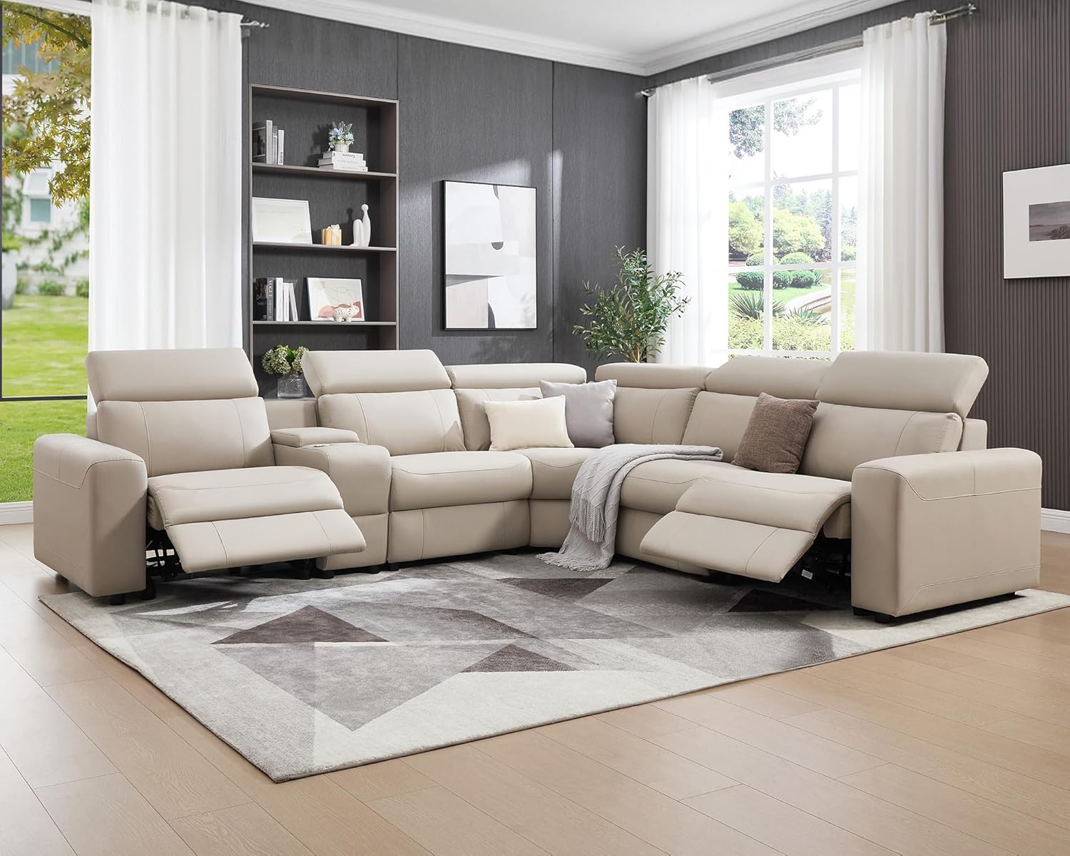 AMERLIFE Power Recliner Sectional Sofa with Storage/USB Port, Leather Recliner Sofa with Adjustable Headrest, Reclining Sectional Couches with Console and Cup Holder for Living Room (Beige Brown)