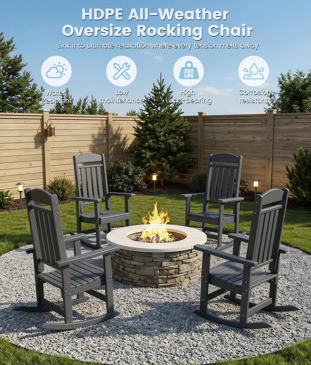 FOOWIN Outdoor Rocking Chair Set of 2, High Back Patio Rocking Chair, HDPE All Weather Resistant Porch Rocker for Adult, Oversized Rocking Chairs for Garden, Lawn, Indoor & Outdoor Use, Grey