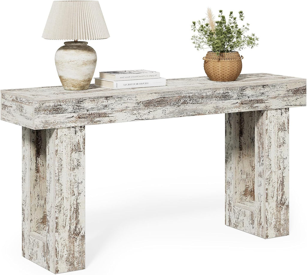 Little Tree 63-Inch Long Console Tables for Entryway, Large Sofa Table Behind Couch, Wooden Entry Foyer Hallway Table, Modern Console Sofa Tables for Living Room, Distressed White