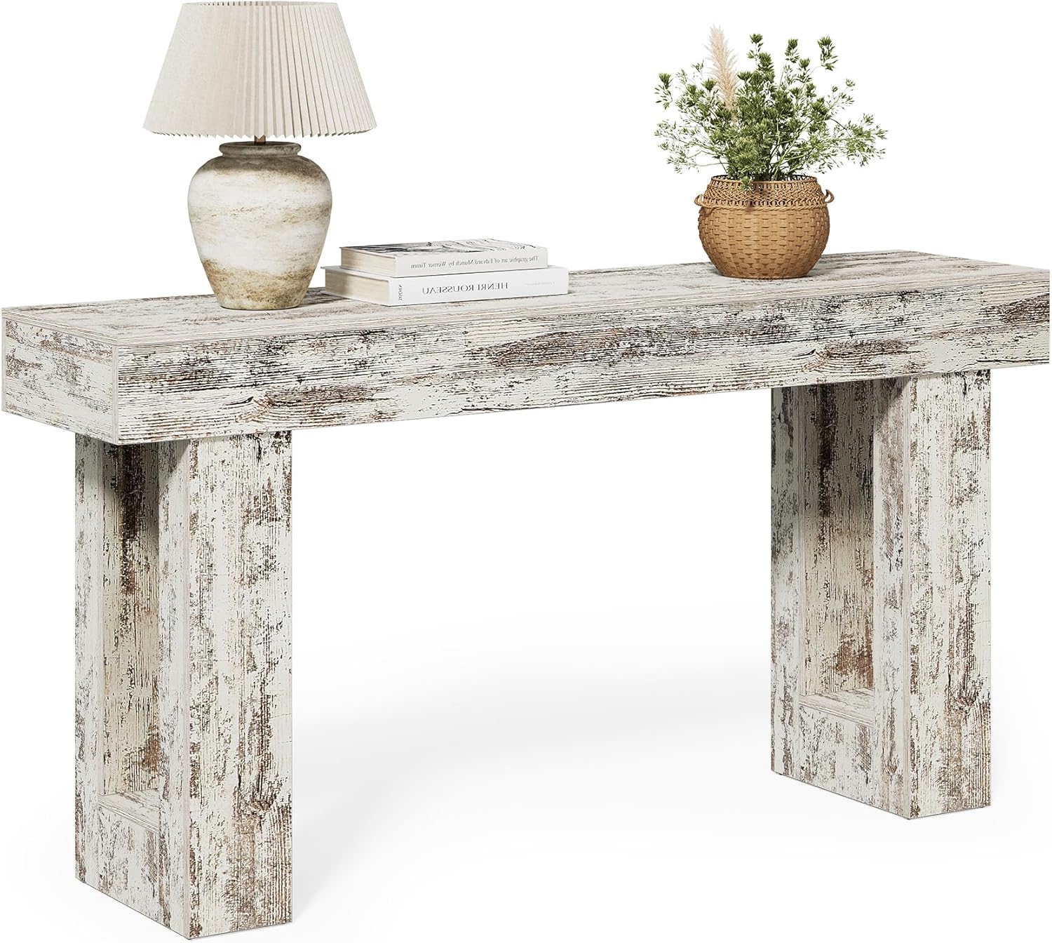 Little Tree 63-Inch Long Console Tables for Entryway, Large Sofa Table Behind Couch, Wooden Entry Foyer Hallway Table, Modern Console Sofa Tables for Living Room, Distressed White
