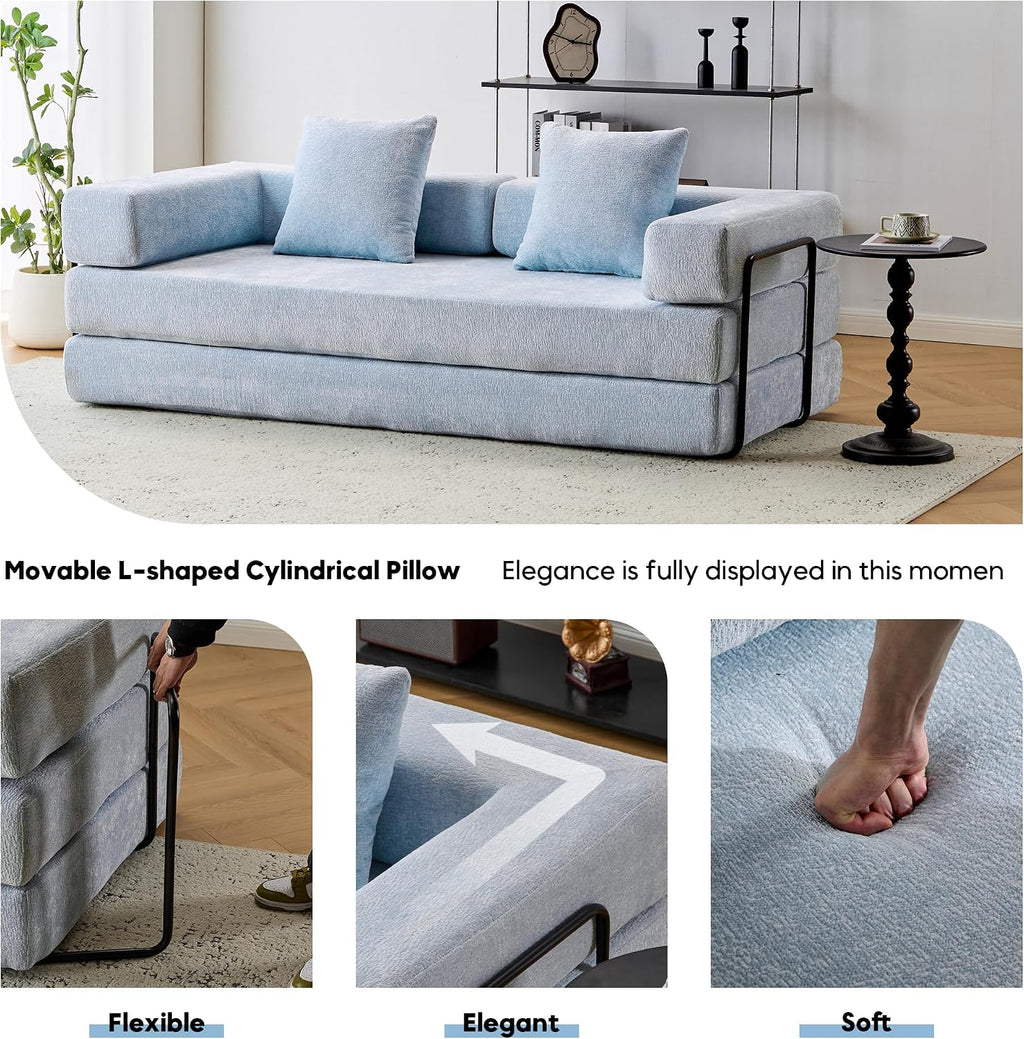 ZEIINPA Convertible Floor Sofa Bed with Fixed-Shape Frame, Modular Chenille Folding Mattress Couch with Armrest, Floor Sofa Lounge Couch for Living Room Bedroom Lounge Studio,Sky Blue