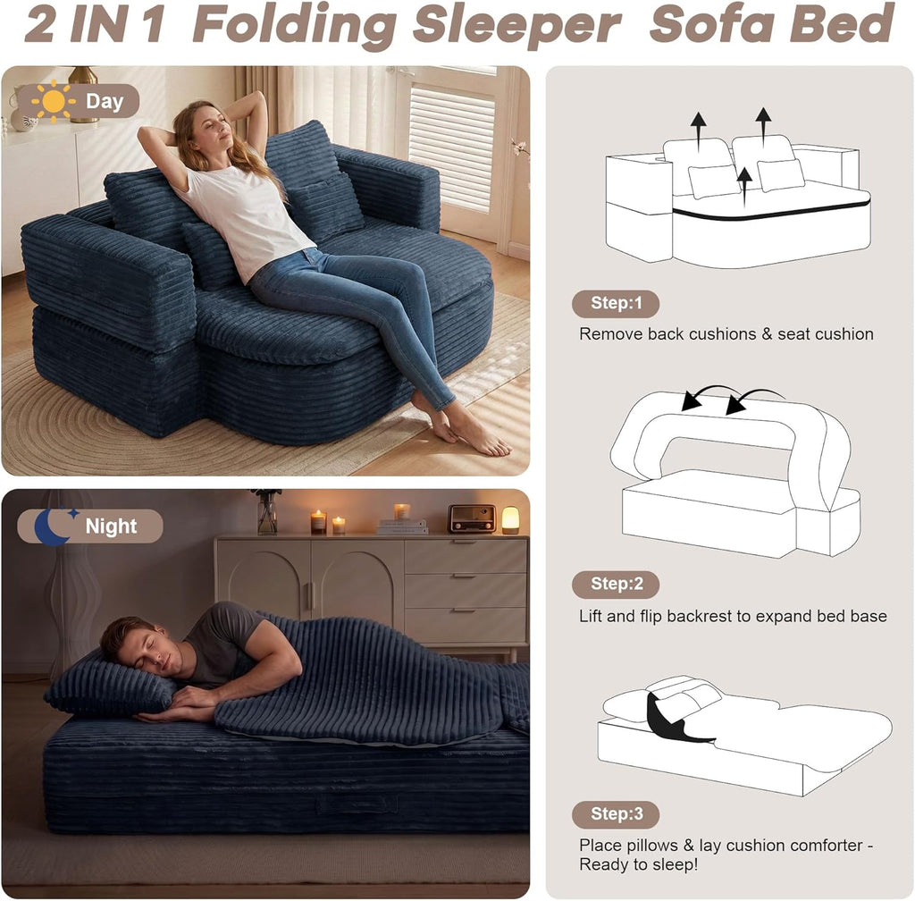 75'' Folding Sleeper Sofa Bed, Convertible Memory Foam Boneless Couch, Foldable Full Size Guest Bed, Modern 2-in-1 Futon Floor Sleeper Sofa with 4 Pillows and Blanket (Corduroy, Blue)