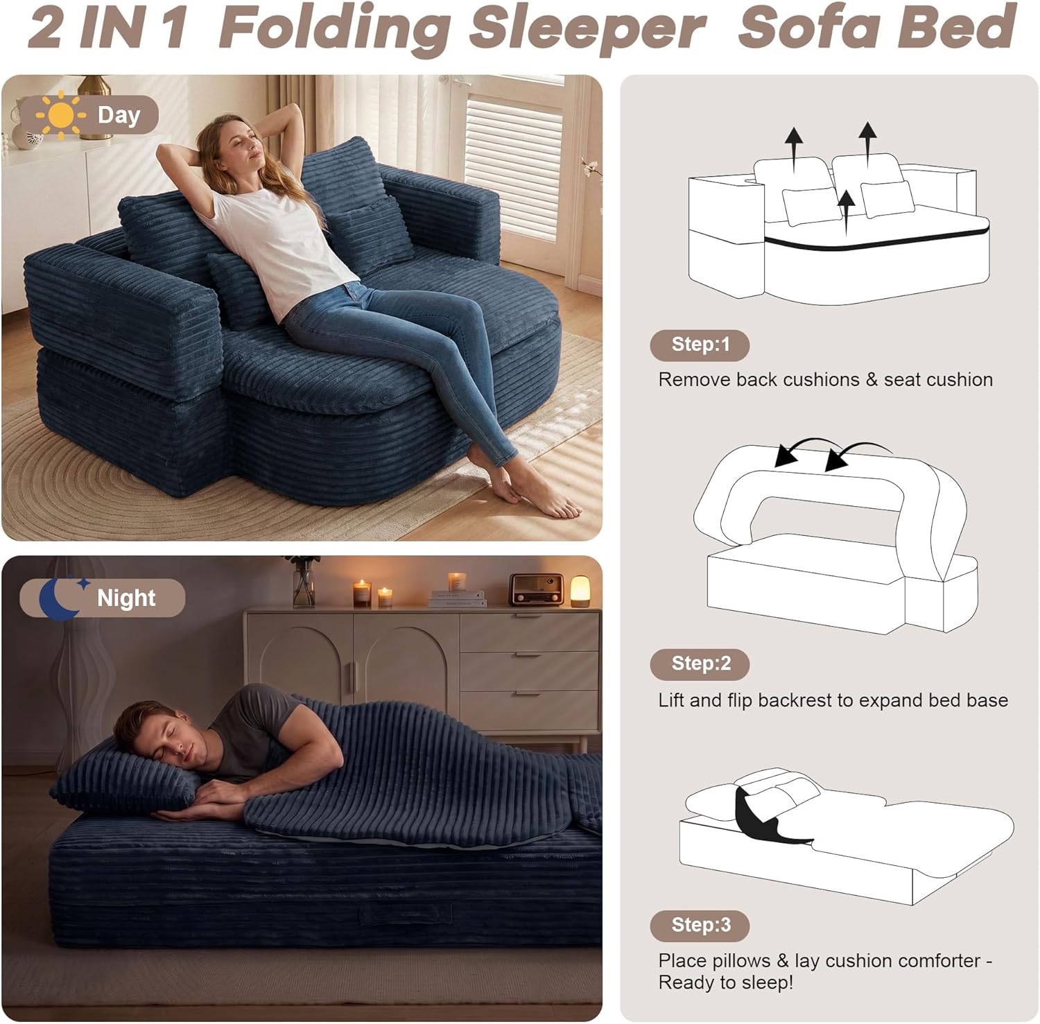 75'' Folding Sleeper Sofa Bed, Convertible Memory Foam Boneless Couch, Foldable Full Size Guest Bed, Modern 2-in-1 Futon Floor Sleeper Sofa with 4 Pillows and Blanket (Corduroy, Blue)
