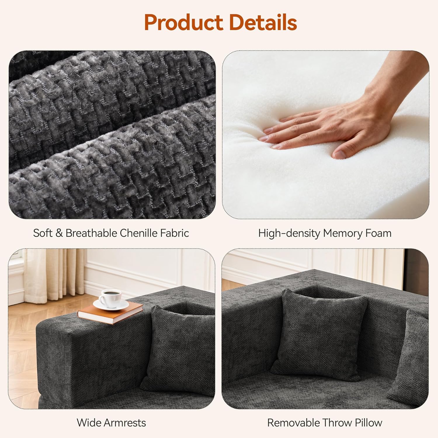 MONVANE Modular Sectional Sofa, Oversized 10 Seat Convertible U Shaped Couch with Ottoman, Comfy Chenille Cloud Couch with Deep Seat, Sectional Couches for Living Room, No Assembly Required, Grey