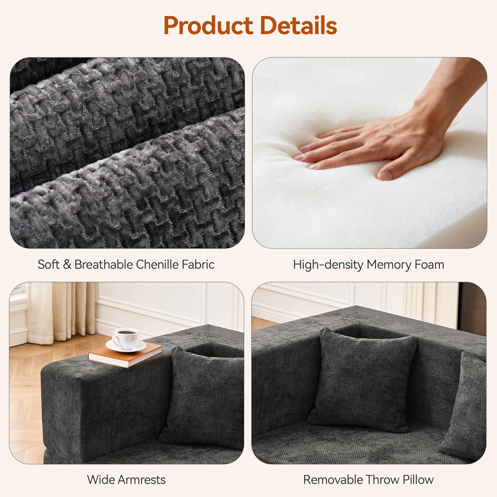MONVANE 75' Loveseat Sofa, Comfy Chenille Cloud Couch with 4 Pillows, Modern Deep Seat Boneless Couch, 2 Seater Sofa for Living Room, Bedroom and Apartment, No Assembly Required, Grey