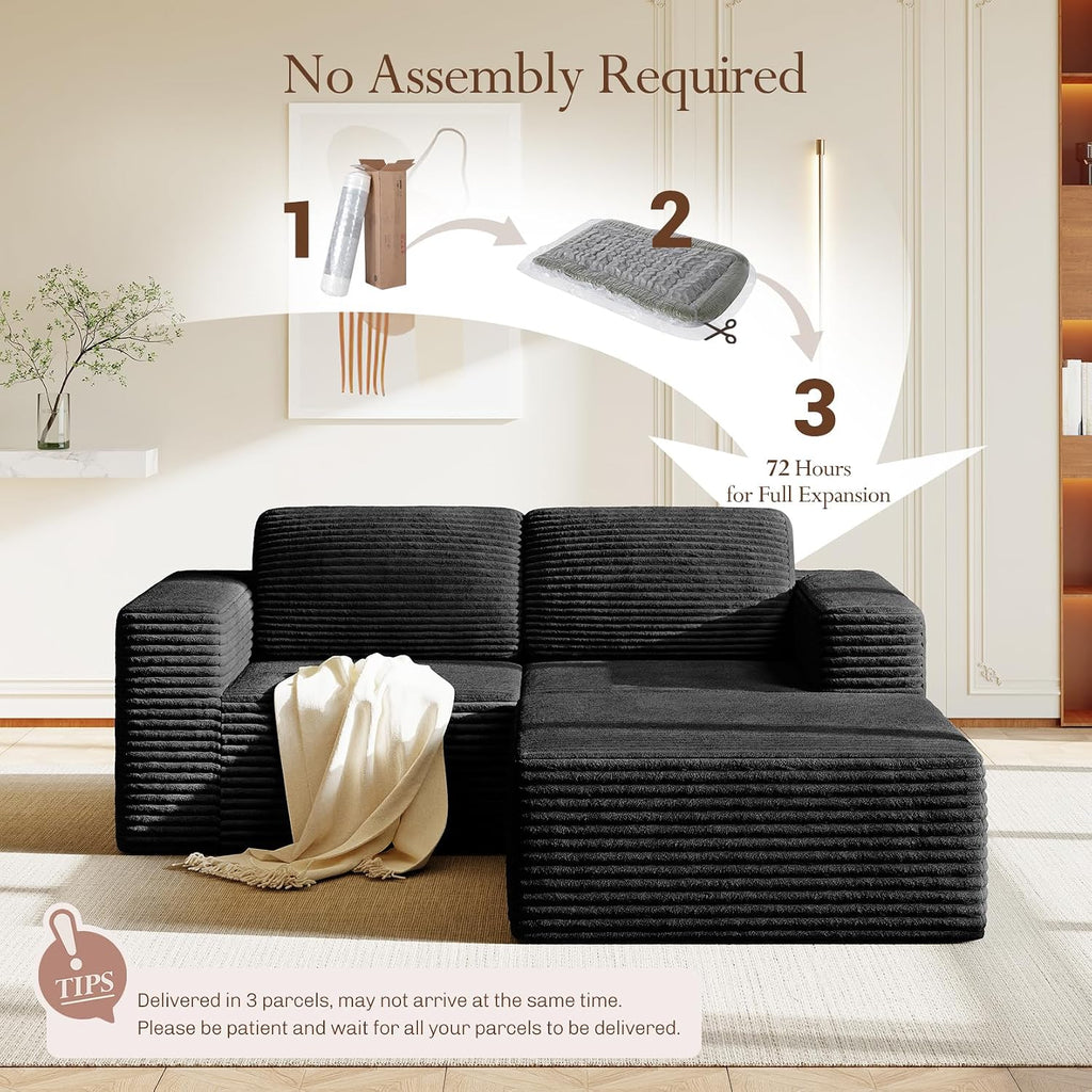 Vesgantti 80' Modular Sectional Sofa, Corduroy Cloud Couch with Deep Seats & Spring Support, Compact 2 Seater Boneless Couch, L-Shaped Modular Sofa for Small Spaces, Apartments, No Assembly, Black