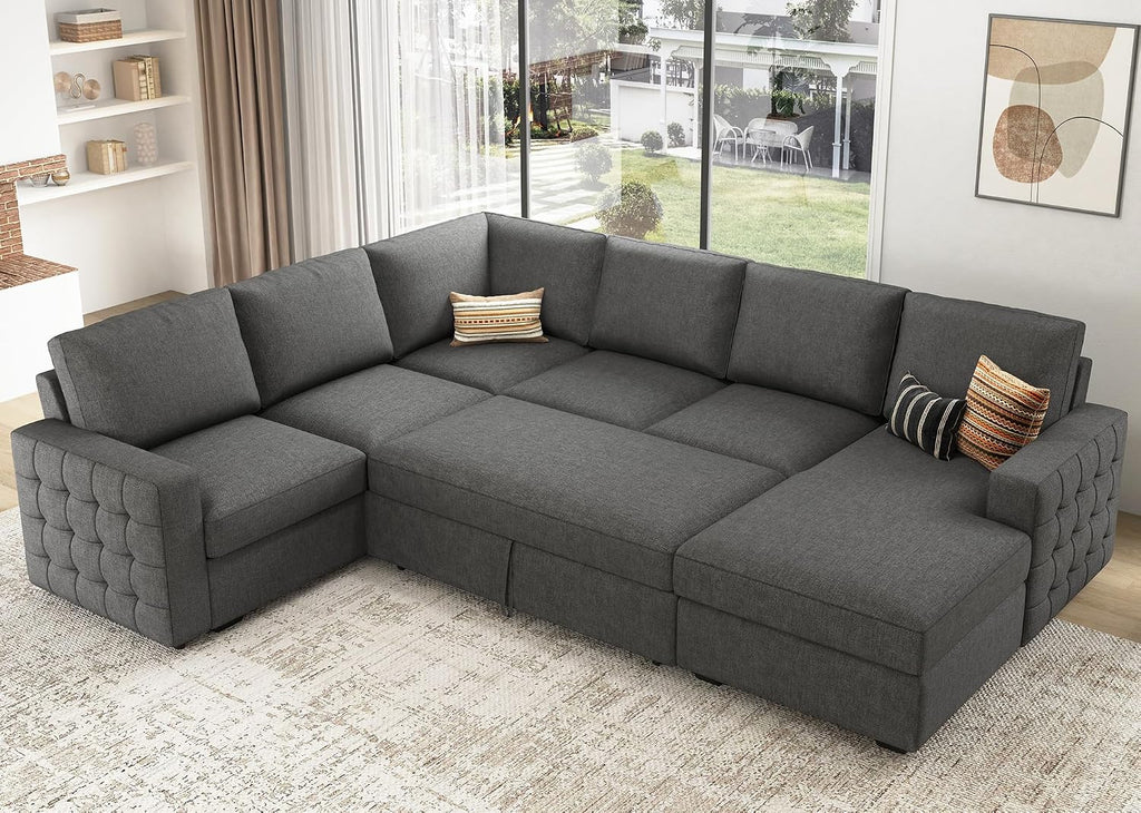 HONBAY Sectional Sleeper Sofa with Pull Out Bed U-Shape Sectional Couch Sleeper Bed with Storage Chaise 6 Seater Sleeper Sectional Sofa, Light Grey
