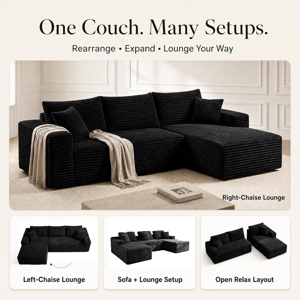 Boneless Modular Sectional Sofa, Cloud Couch with Left Facing Chaise, Oversized Deep Seat, L-Shaped, Soft Corduroy Fabric, Sectional Couch for Living Room -Black
