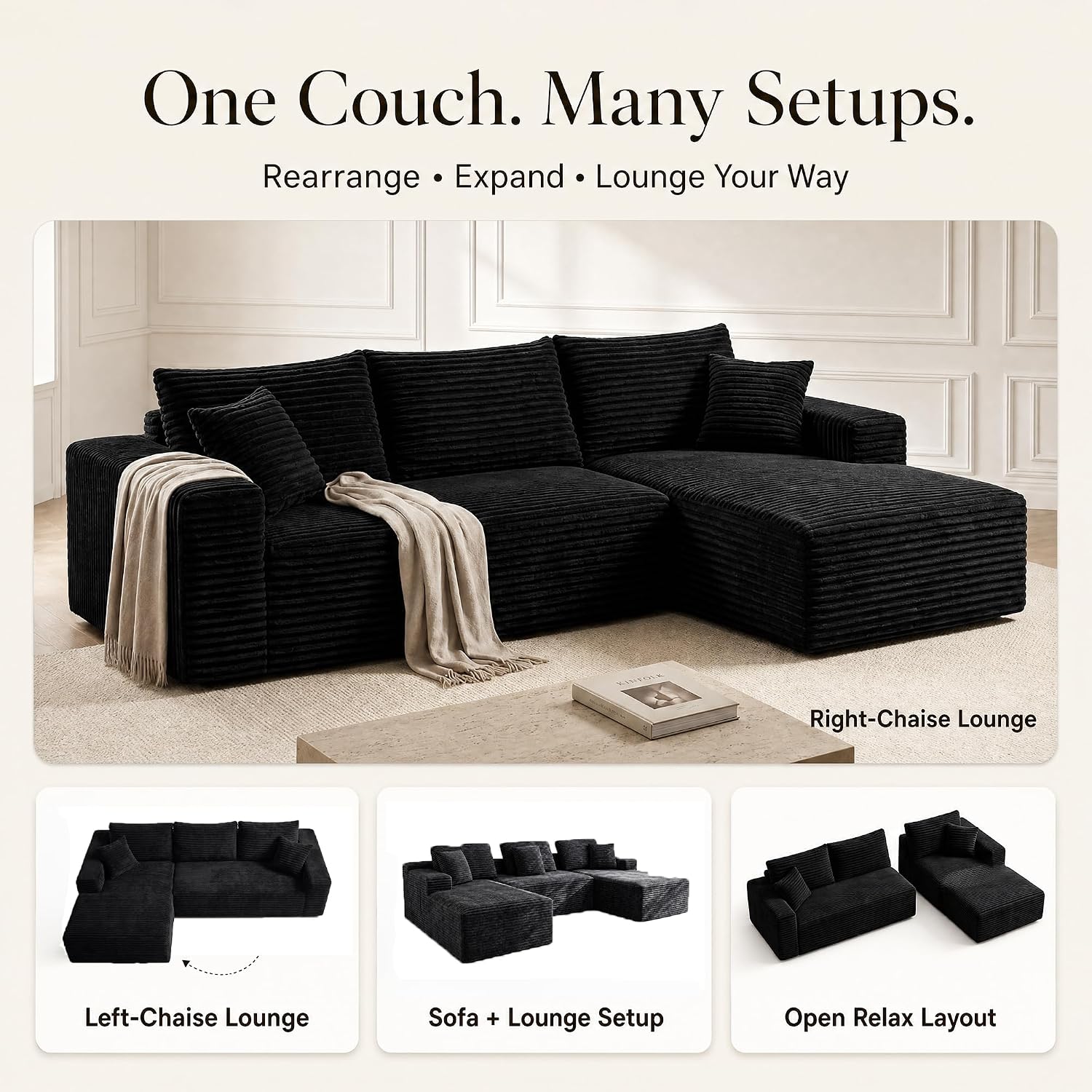 105'' Boneless Modular Sectional Sofa, Cloud Couch with Left Facing Chaise, Oversized Deep Seat, U-Shaped, Soft Corduroy Fabric, Sectional Couch for Living Room -U Black