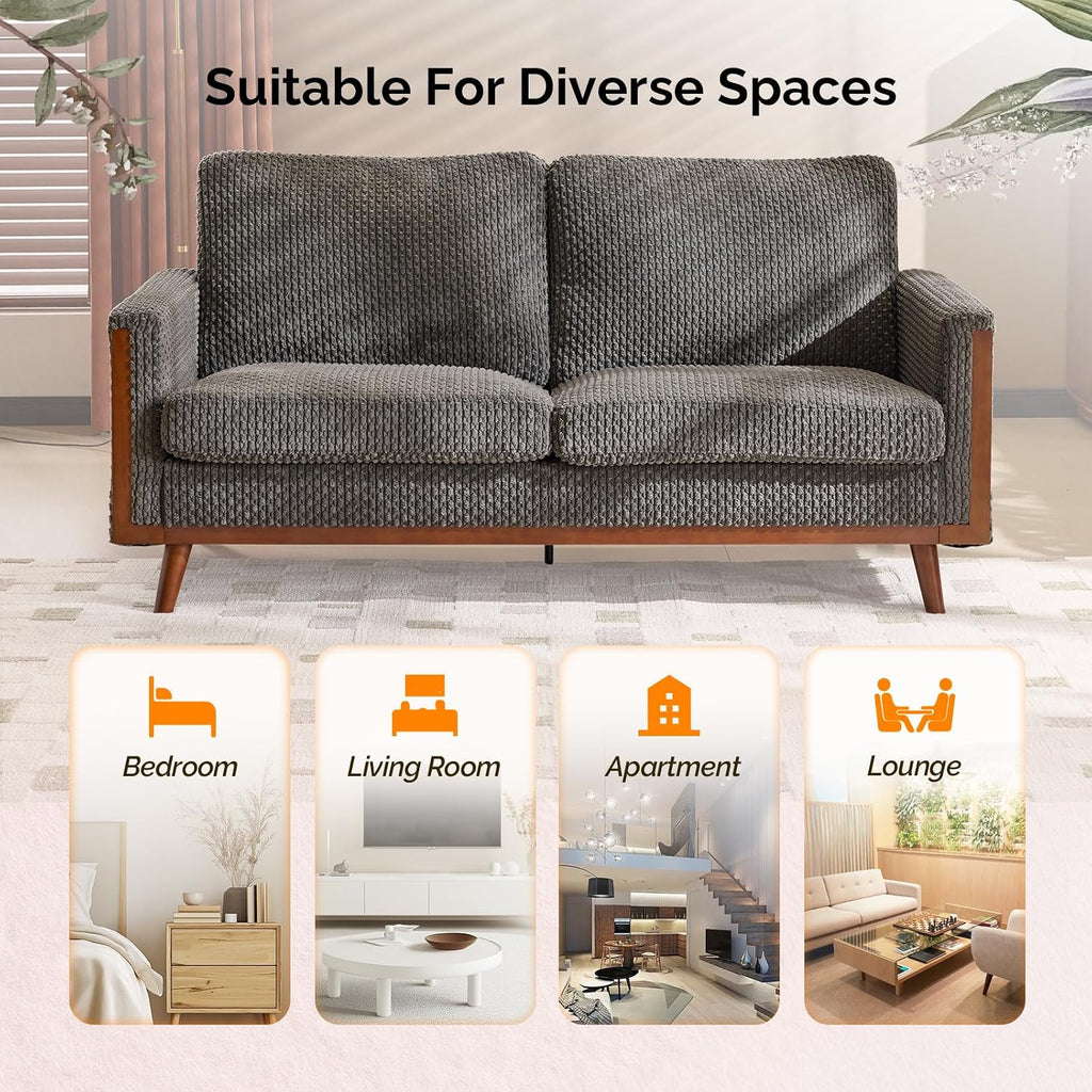 VINGLI 68' W Comfy Mid Century Loveseat, Two Seater Sofa with Spring Support & Solid Wood Frame, Corduroy Fabric Small Couch for Living Room, Small Space, Bedroom, Grey
