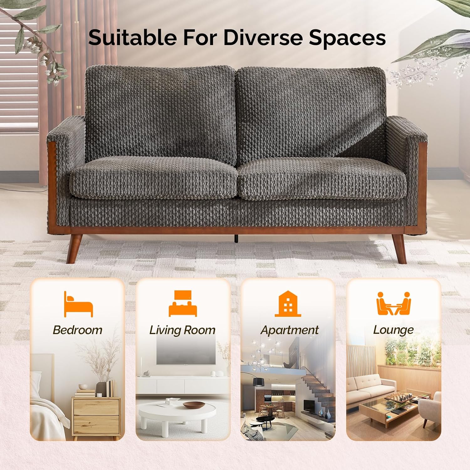 VINGLI 68' W Comfy Mid Century Loveseat, Two Seater Sofa with Spring Support & Solid Wood Frame, Corduroy Fabric Small Couch for Living Room, Small Space, Bedroom, Grey