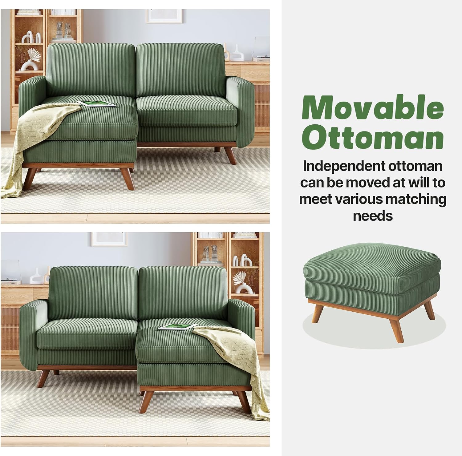 Vesgantti 68' Loveseat Sofa with Movable Ottoman, Comfy Corduroy Couch with Spring Cushion, Sofa Couch with Solid Wood, Modern Office Sofa with Deep Seat for Living Room and Bedroom, Green