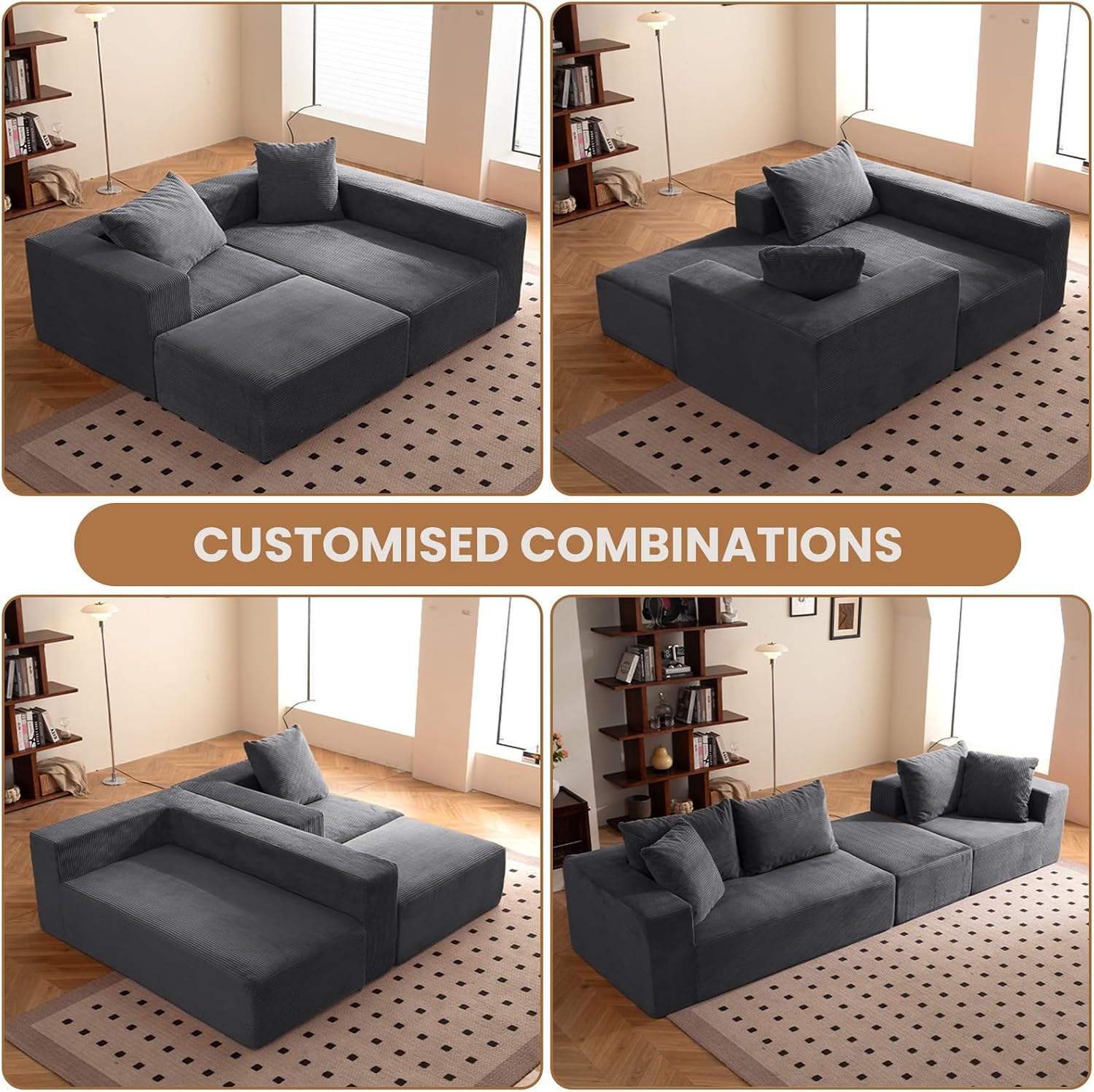 108' L-Shaped Boneless Couch, Modular Sectional Sofa with Moveable Ottoman, Corduroy Cloud Couches for Living Room, No Assembly, Ship in a Box, Ash Gray