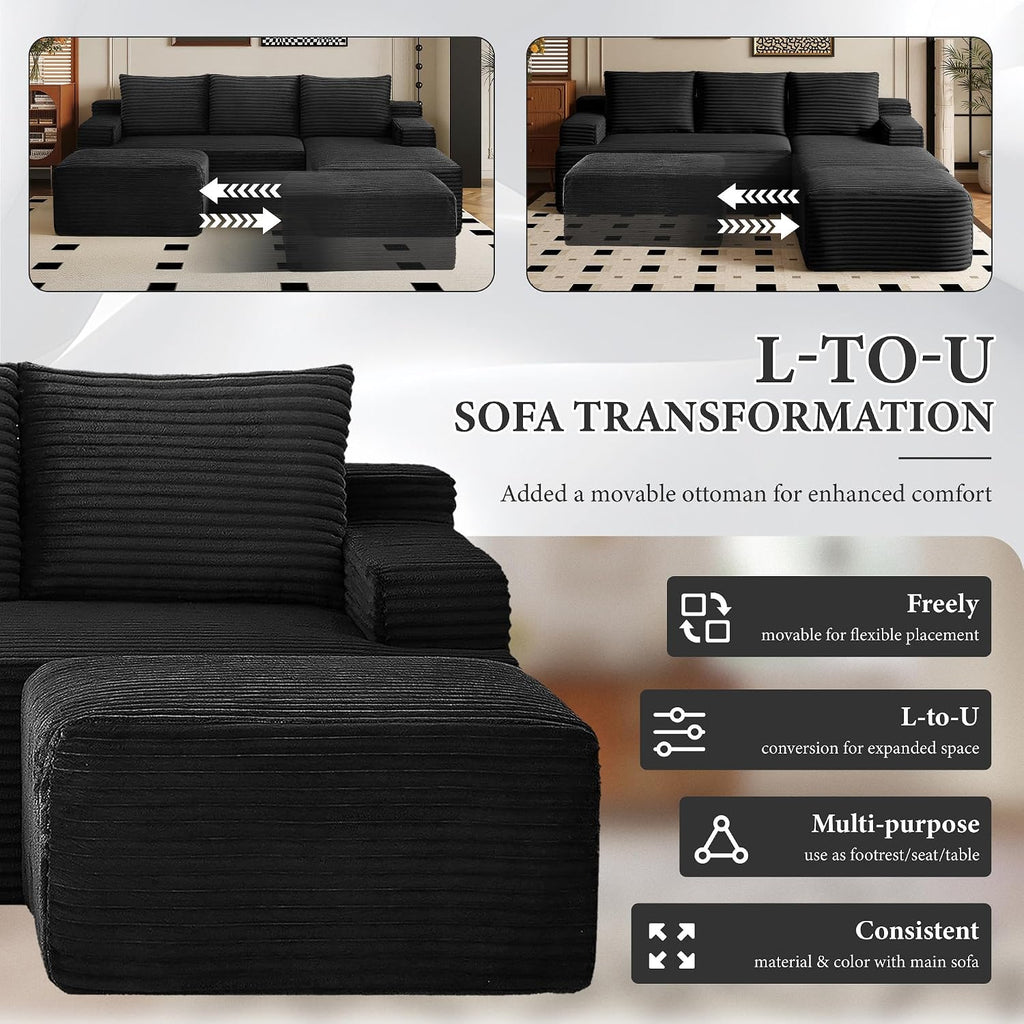 96''Sectional Couches for Living Room,Modern Modular Sectional Sofa,Upholstered Boneless Couch Comfy Cloud Couch with L Shaped Chaise (Black, 96''W Left Facing Chaise+Ottoman)