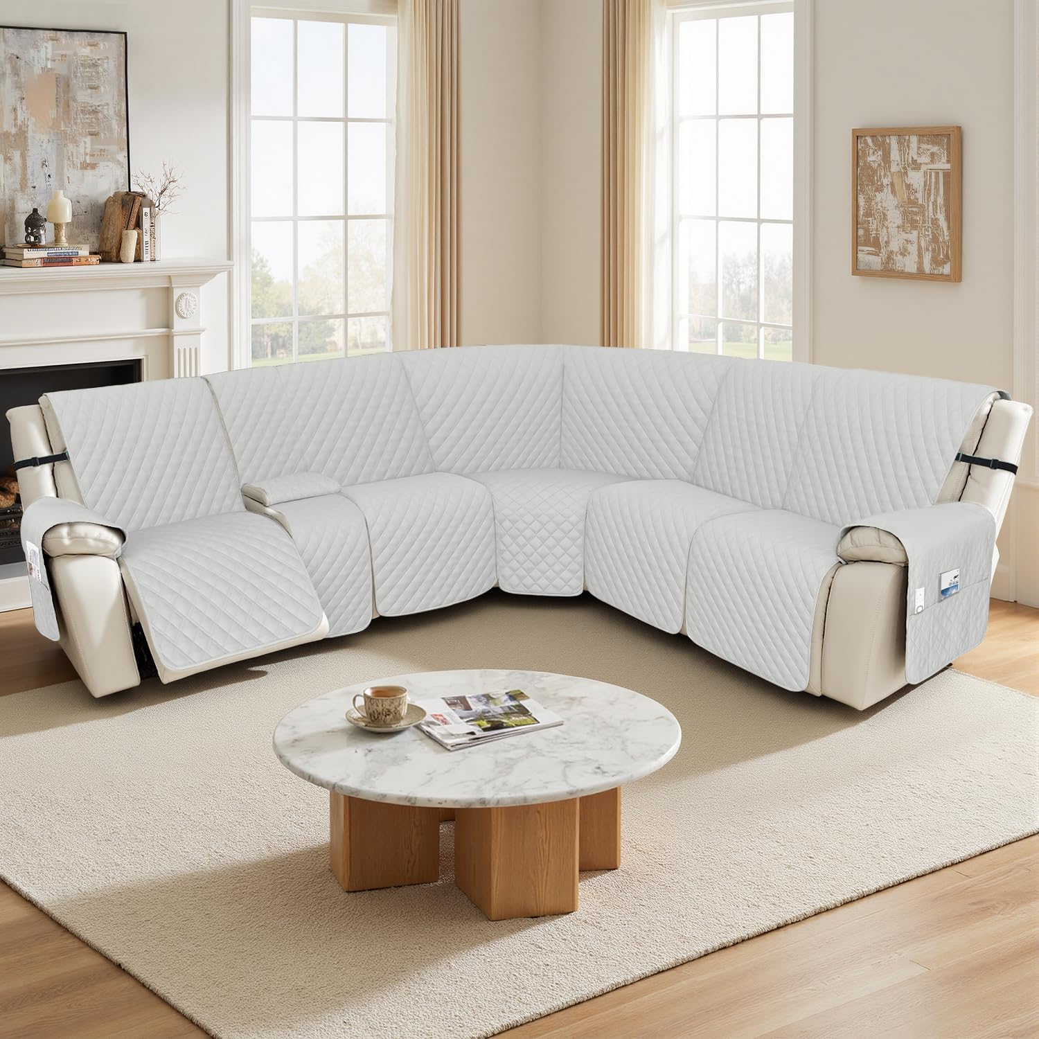 Arfntevss Recliner Sectional Couch Covers 1OO% Waterproof L Shape Sofa Cover for Reclining L Shaped Sectional Slipcover Dog Washable Corner Non Slip Protector (5 Seater with 1 Console, Light Gray)