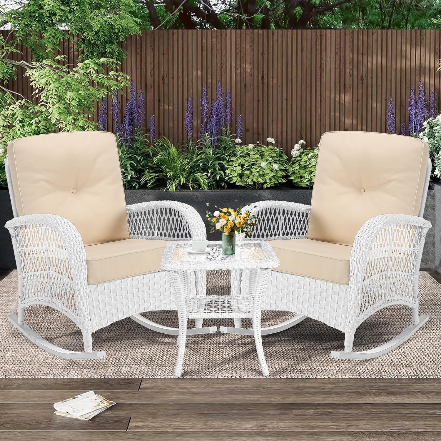 MEETWARM 3 Pieces Patio Conversation Set, Rattan Outdoor Rocking Patio Bistro Set with 2 Rockers and 1 Side Table with 4' Thick Cushions, Outdoor Furniture Set for Porch Backyard, White Wicker/Beige