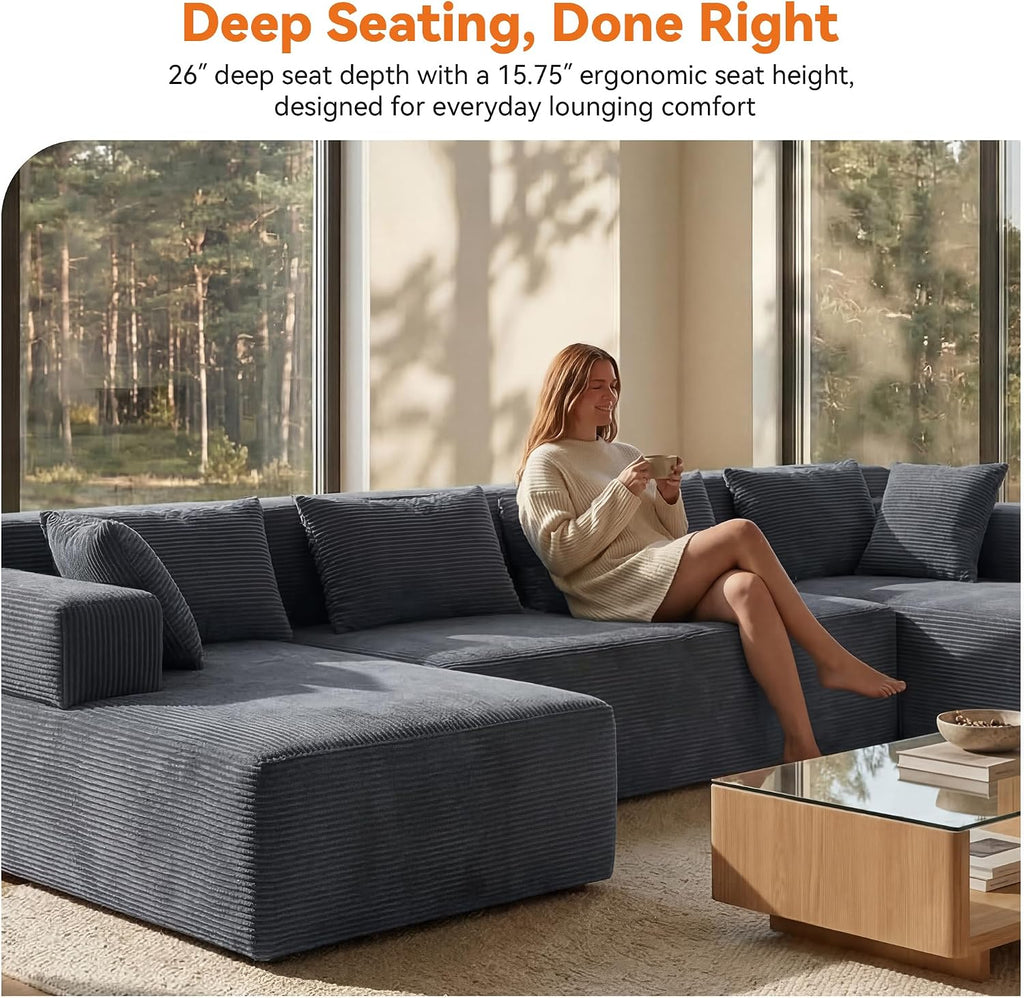 MONVANE 141' U Shaped Cloud Sectional Couch with Chaise Lounge, Modular Sectional Sofa with Removable Armrests, Comfy Corduroy Boneless Couches for Living Room, No Assembly Required, Grey