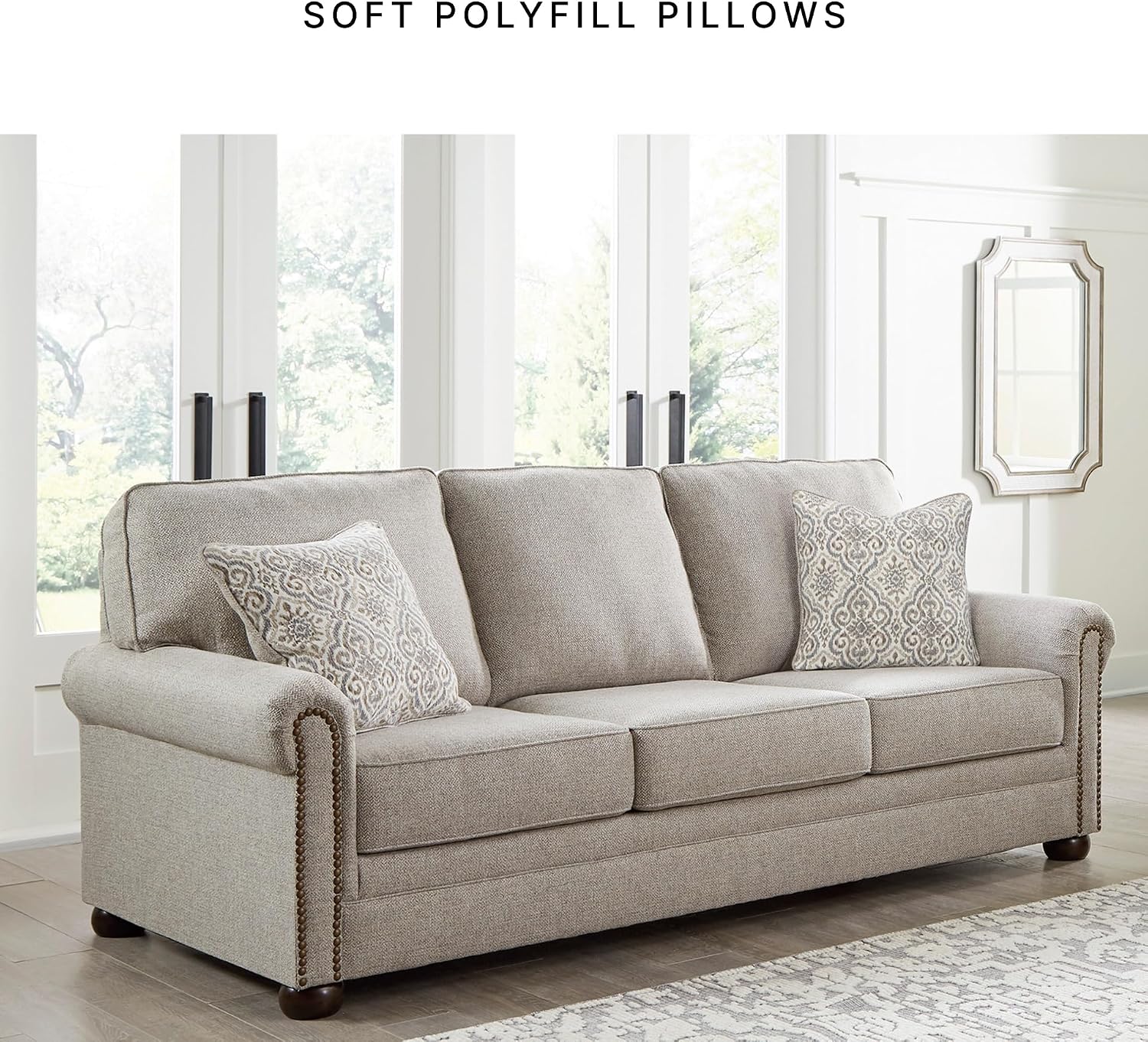 Signature Design by Ashley Gaelon Transitional Sofa with Nailheads and 2 Accent Pillows, Beige