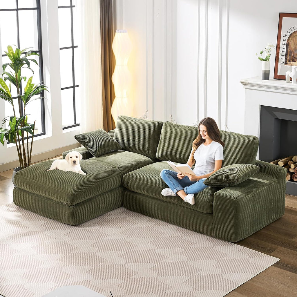 98.4' Green Sectional Sofa Cloud Modular Sectional Couch with Chaise,Corduroy Sectional Couches L-Shaped Modern Upholstered Sofa with Deep Seat for Living Room and Bedroom,No Assembly Required(Green)