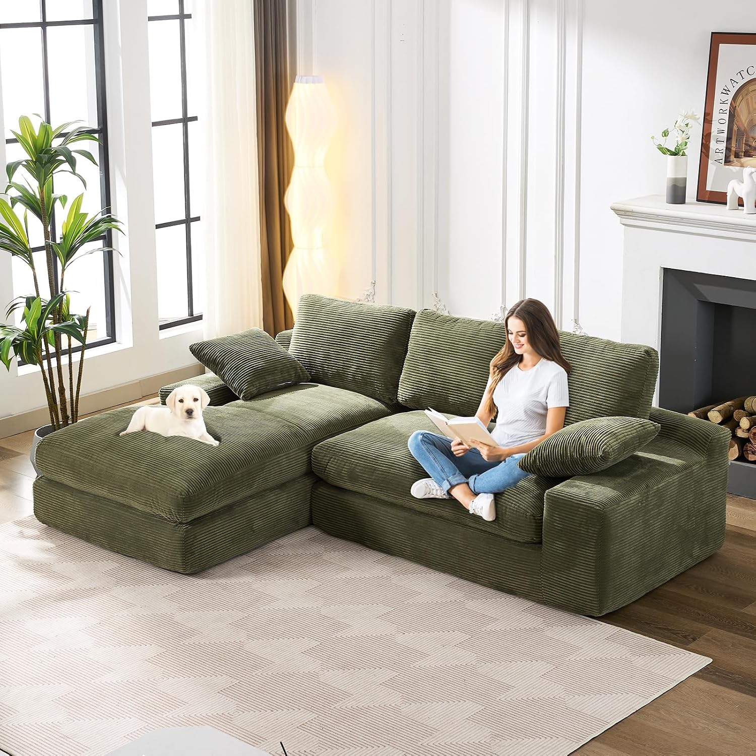 98.4' Green Sectional Sofa Cloud Modular Sectional Couch with Chaise,Corduroy Sectional Couches L-Shaped Modern Upholstered Sofa with Deep Seat for Living Room and Bedroom,No Assembly Required(Green)