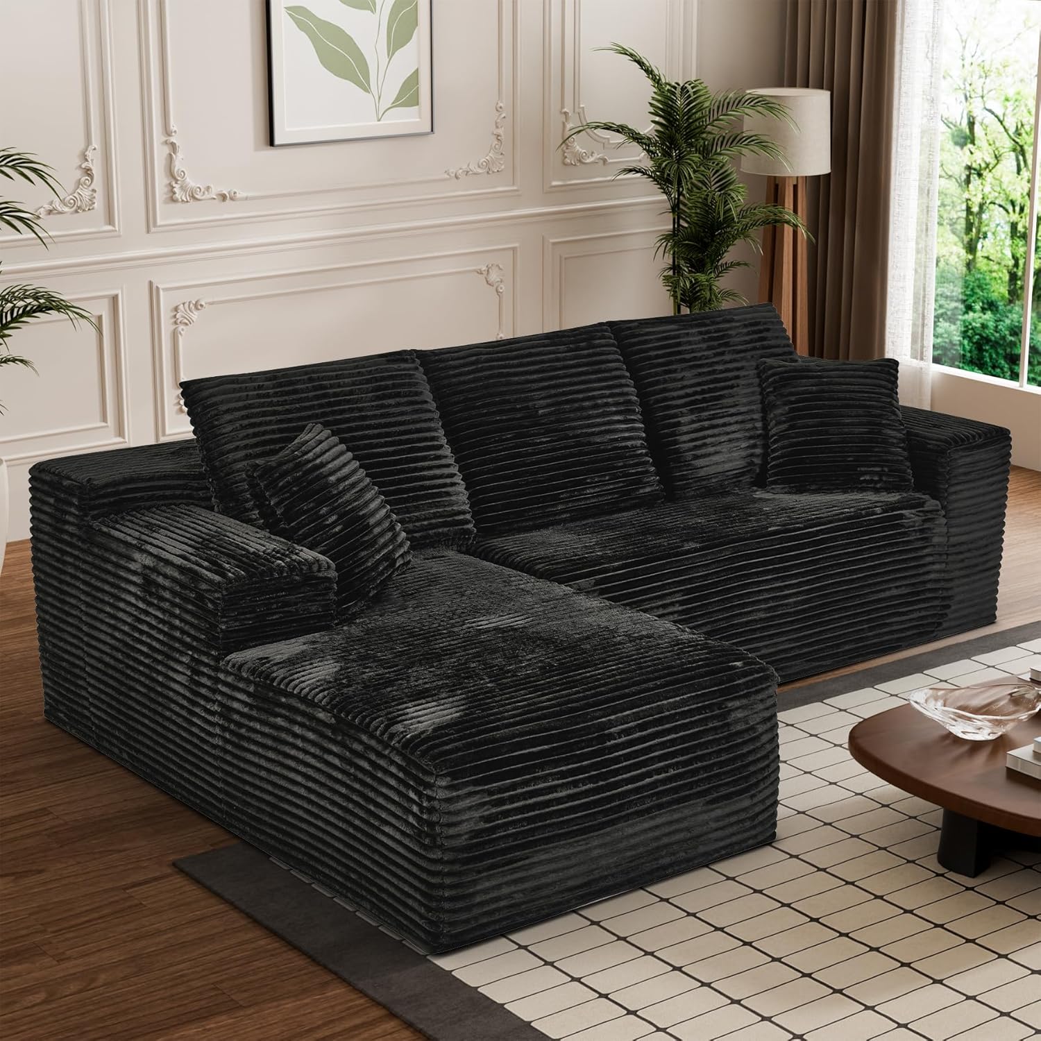 108' Boneless Couches for Living Room, L Shaped Comfy Cloud Modular Sectional Memory Foam Deep Seat Boneless Couch, No Assembly Required Boneless Sofa for Living Room with Left Facing Chaise, Black