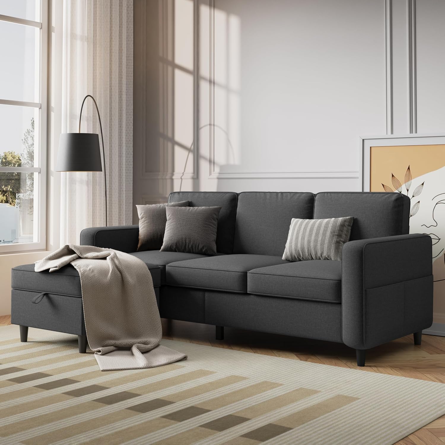 Sectional Sofa Couches for Living Room, 78'' Dark Grey 3 Seater L-Shaped Couch with Storage Ottoman, Comfy Fabric Convertible Sectionals Sofas with Chaise for Apartment, Office, Small Space