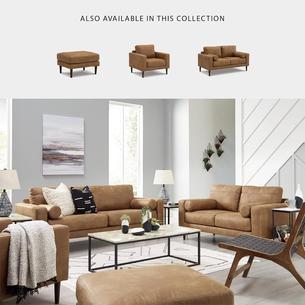 Signature Design by Ashley Telora Faux Leather Sofa, 2 Bolster Pillows, Loose Cushions, Faux Wood Finish Accent Legs, 85' W x 35' D x 35' H, Dark Brown