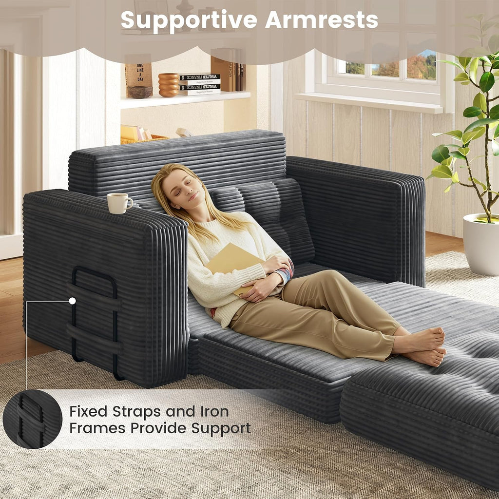 Convertible Sofa Bed, 2 in 1 Boneless Couch Bed with 2 Pillows, Corduroy Pull out Couch Folding Sofa Bed with Deep Seat, Small Loveseat Sleeper Sofa Bed in a Box for Small Spaces, No Assembly Required