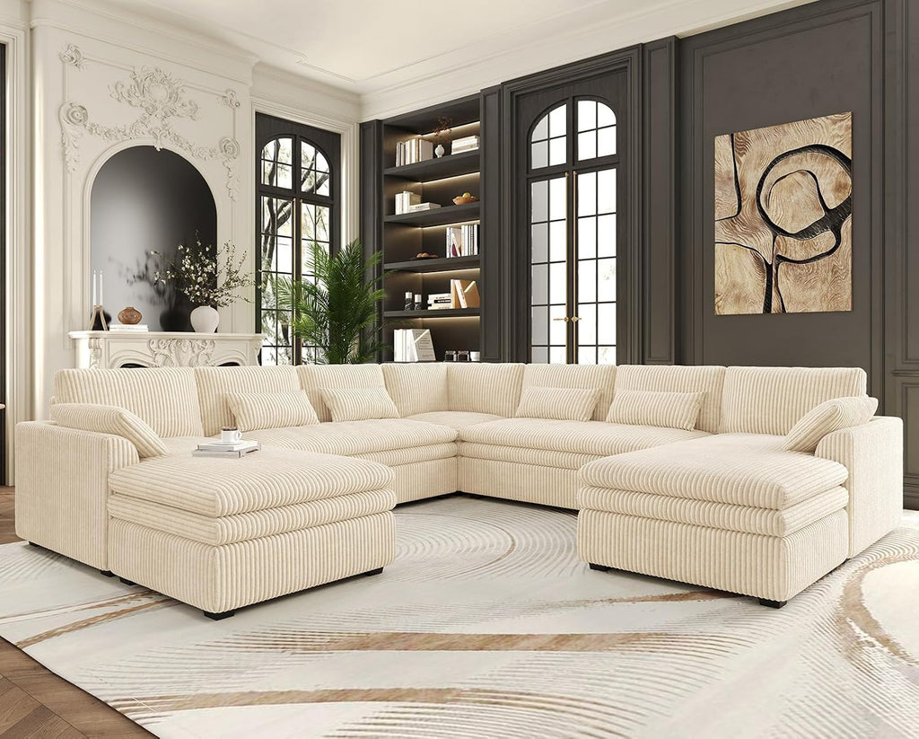 Belffin Large Modular Sectional Sofa with Double Deep Chaise and Loveseat, Corduroy U Shape Couch with 9' Soft Dual-Layer 9 Seats Cushion for Living Room, Apartment, Beige