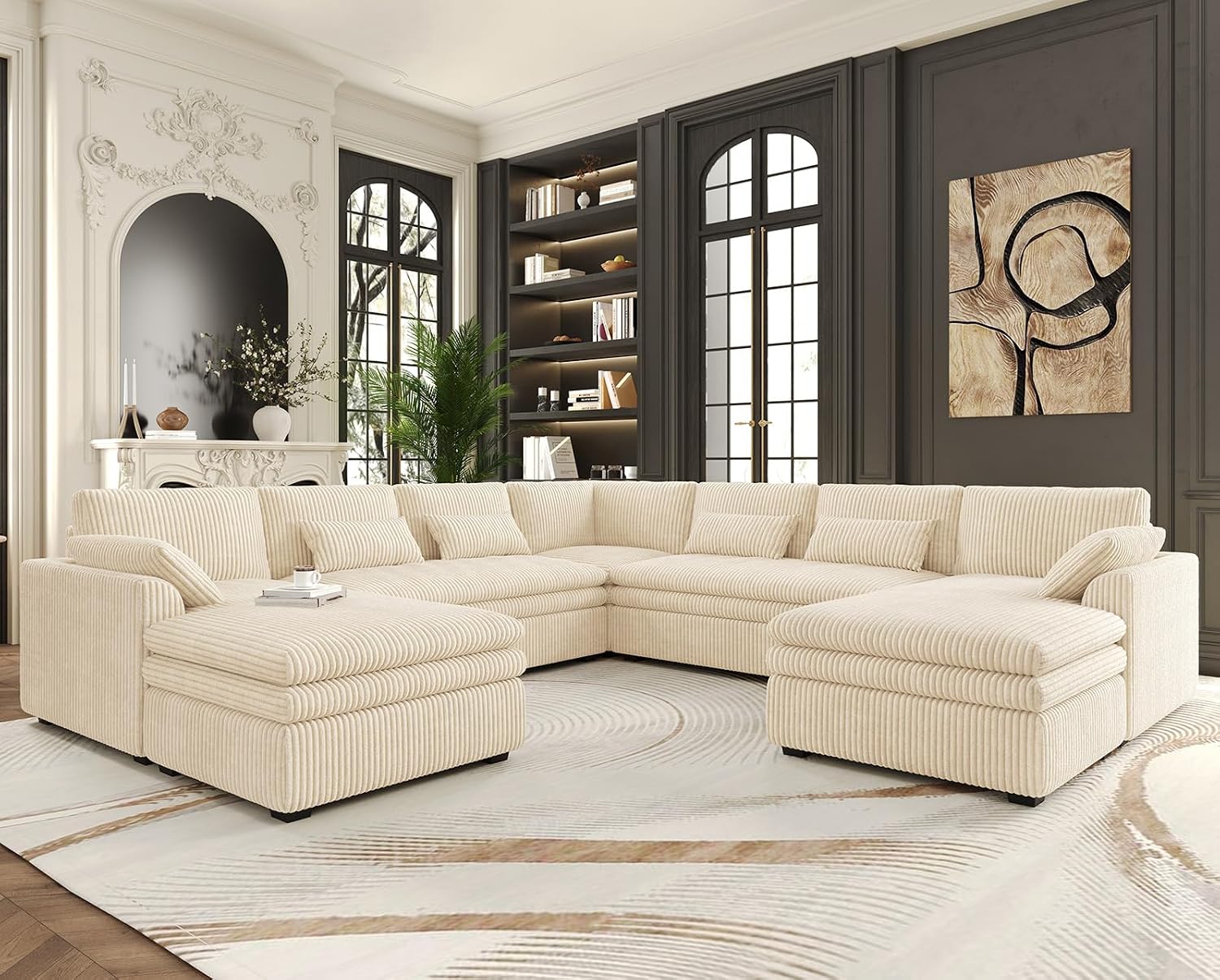 Belffin Large Modular Sectional Sofa with Double Deep Chaise and Loveseat, Corduroy U Shape Couch with 9' Soft Dual-Layer 9 Seats Cushion for Living Room, Apartment, Beige