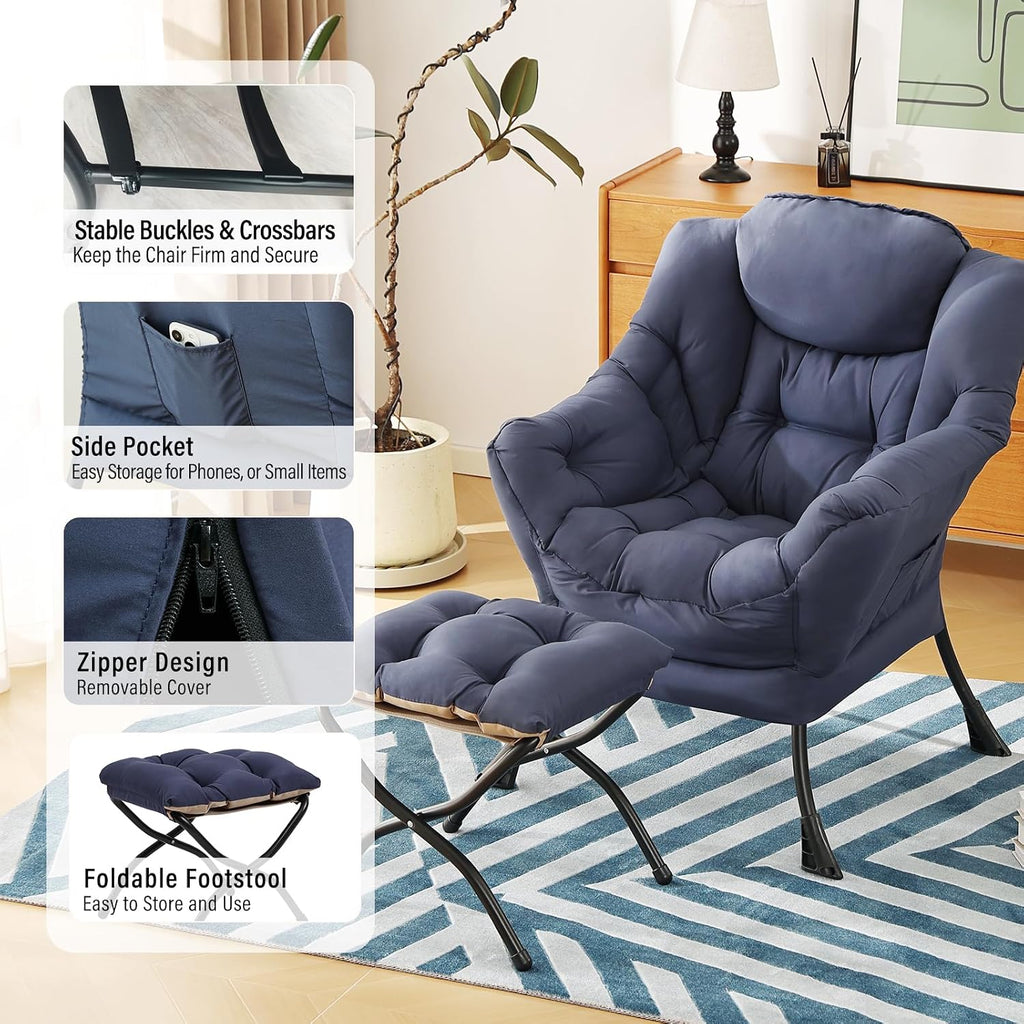 Furlide Lazy Chair with Ottoman, Modern Accent Chairs with Folding Footrest, Navy Blue Sofa Chair Set, Comfortable Reading Chairs, Oversized Armchairs for Bedroom, Study, Living Room, Courtyard