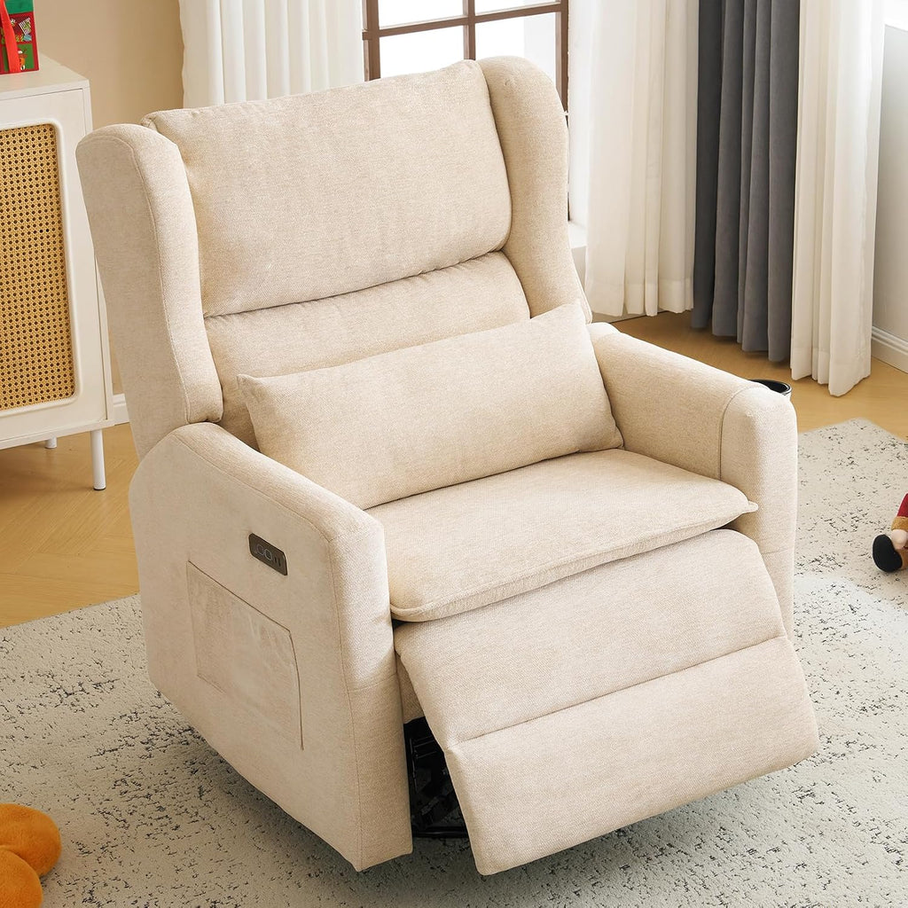 Oversized Swivel Rocker Recliner Chair, 26' Extra Wide Glider Nursery Chair with Adjustable Headrest, Chenille Power Recliner Rocking with Double Cushion, Cup Holder, Beige