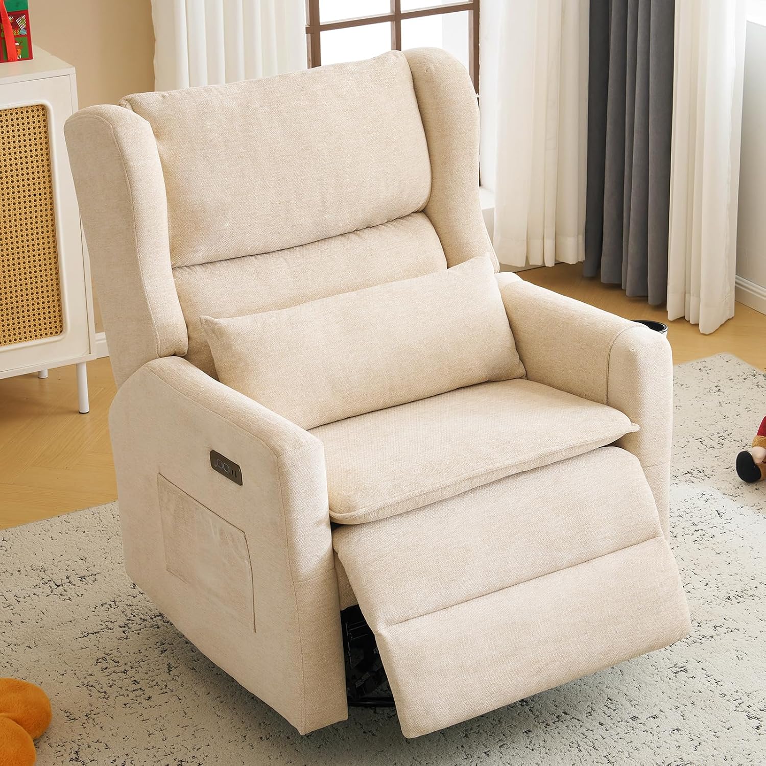 Oversized Swivel Rocker Recliner Chair, 26' Extra Wide Glider Nursery Chair with Adjustable Headrest, Chenille Power Recliner Rocking with Double Cushion, Cup Holder, Beige
