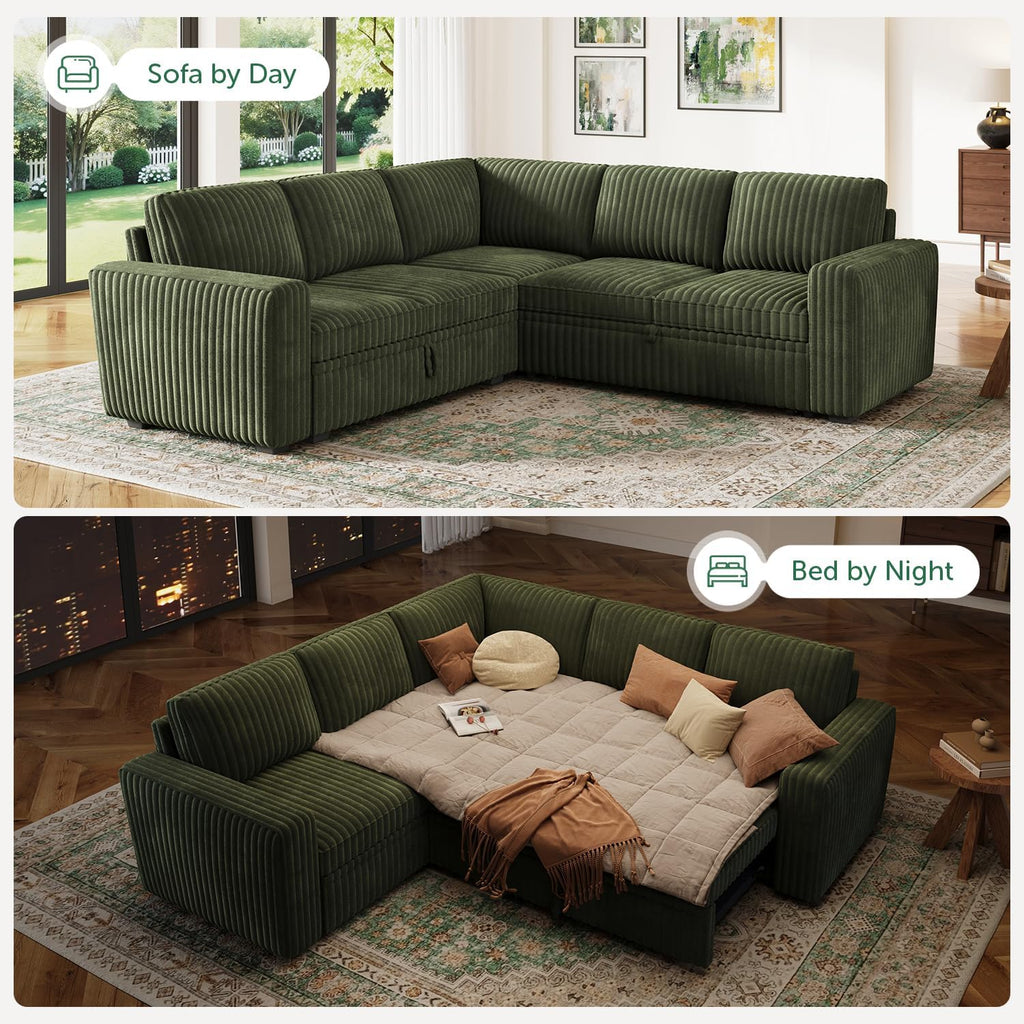 HONBAY Modular Sectional Sleeper Sofa with Pull Out Bed,Corduroy L Shaped Couch with Storage, Sectional Couches for Living Room,Green