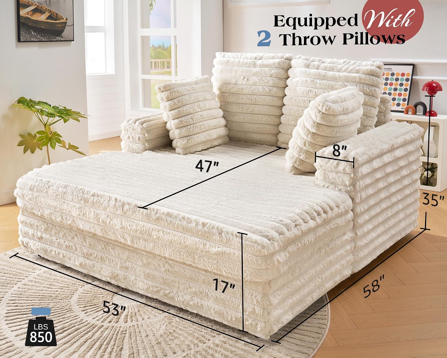 VanAcc 58 Inch Chaise Lounge Indoor, Upholstered Sofa Bed with Throw Pillows and Armrests, Sleeper Chair- Plush Chair Bed for Living Room, Off-White