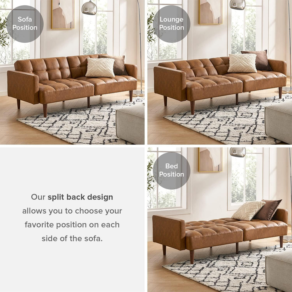 mopio 76.4' Futon Sofa Bed, Couch, Loveseat, Sleeper Sofa, Mid Century Modern Futon Couch, Sofa Cama, Couches for Living Room (Aaron PU, Pecan Brown)
