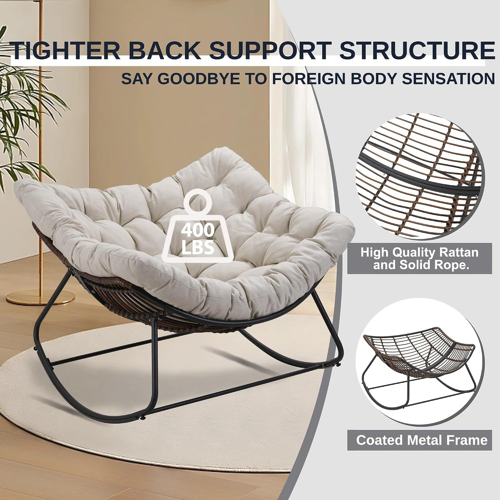 Outdoor Papasan Rocking Chair Oversized, Rattan Rocking Chair, Patio Wicker Egg Chair with Padded Cushion, Rocker Egg Chair for Living Room, Patio, Front Porch, Backyard