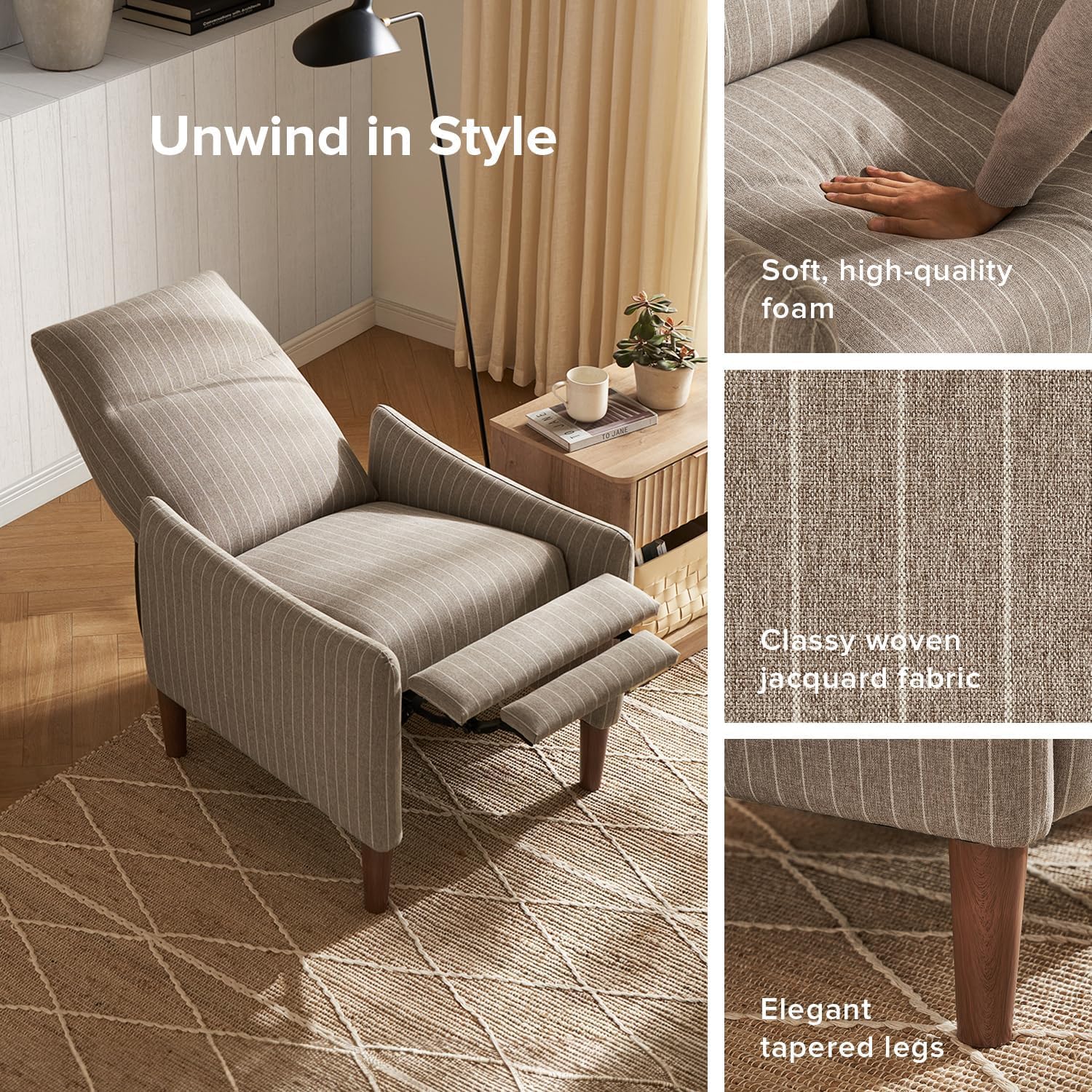 mopio Arthur Recliner Chair with 3 Positions, Accent Armchair, Mid Century Modern Reading Chair, High Back Padded Support Comfy Sleeper Armchair (Jacquard Taupe Stripe)