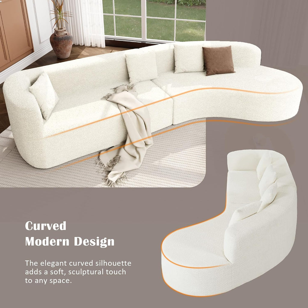 Merax Modern Minimalist Large 2-Piece Sectional Curved Chenille Sofa with 3 Pillows and High-Density Foam for Luxurious Comfort and Seamless, for Living Room, Bedroom, White