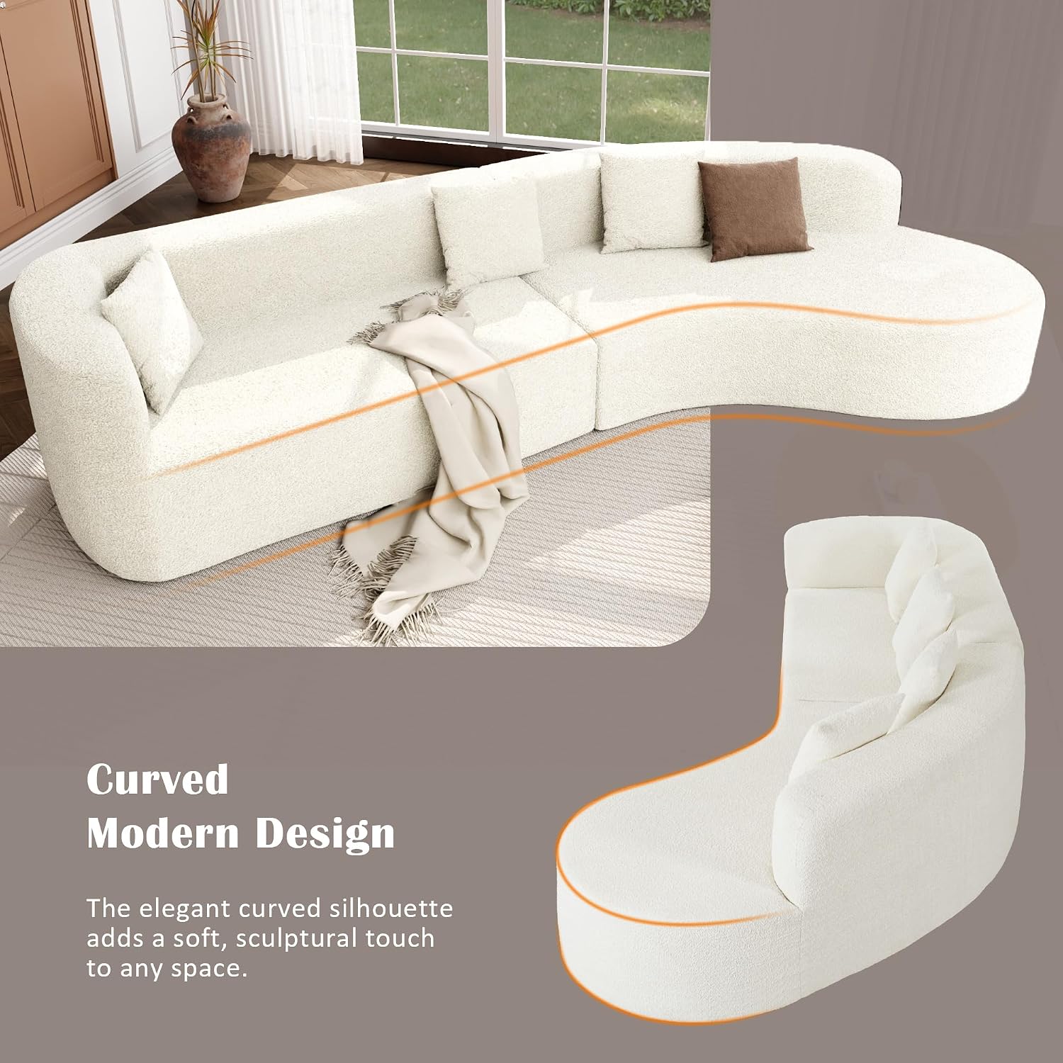 Merax Modern Minimalist Large 2-Piece Sectional Curved Chenille Sofa with 3 Pillows and High-Density Foam for Luxurious Comfort and Seamless, for Living Room, Bedroom, White