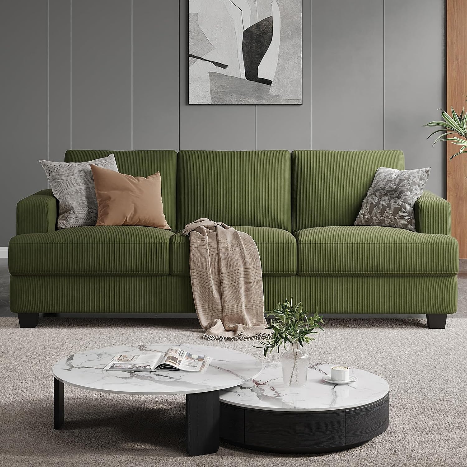 COPIAE 89 Inch Sofa with Extra Deep Seats Oversize, 3 Seater Sofa for Living Room, Modern Couch and Sofa, Comfy Armrests and Seats and Backrests, Easy Installation, Corduroy Fabric Green
