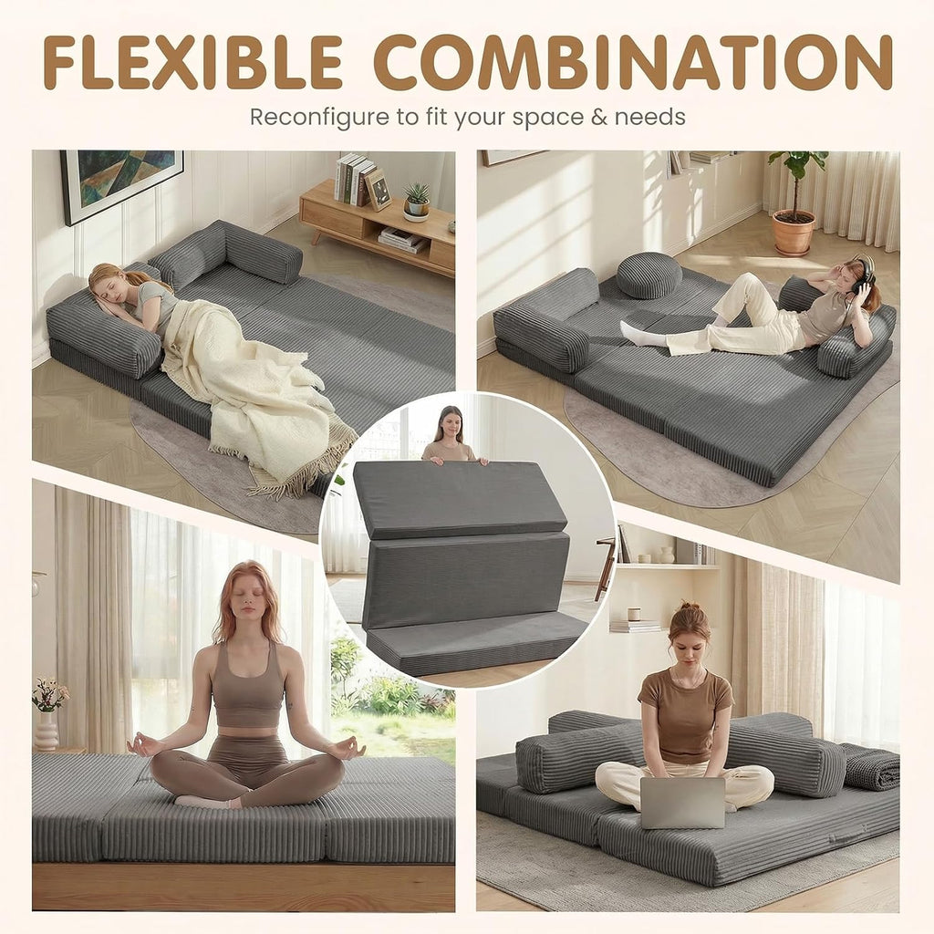 JUIKURY Folding Sofa Bed, Convertible Sleeper Chair with Pilow Foldable Matress, 2 in 1 Pull Out Loveseat Sofa Portable Fold Out Chair Bed Floor Couch Lounge for Living Room (Grey, Queen-82'L x 60'W)