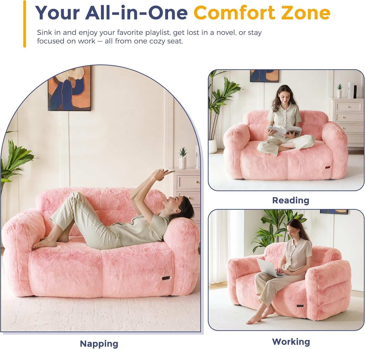 MAXYOYO Giant Bean Bag Chair for Adults, Loveseat Floor Sofa for Living Room, Ultra Soft Sofa Fluffy Reading Chair for Living Room, Pink